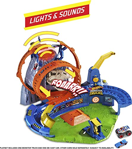 Hot Wheels Monster Trucks, T-Rex Volcano Playset with Lights and Sounds, Includes 1:64 Scale Race Ace Monster Truck and 1:64 Scale Die-Cast Toy Car - Image 4