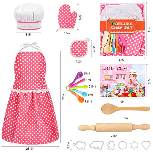 Kids Cooking Baking Set 17Pcs, Kids Chef Role Play Costume Set - Chef Hat and Matching Pink Apron Children Dress up - Image 4