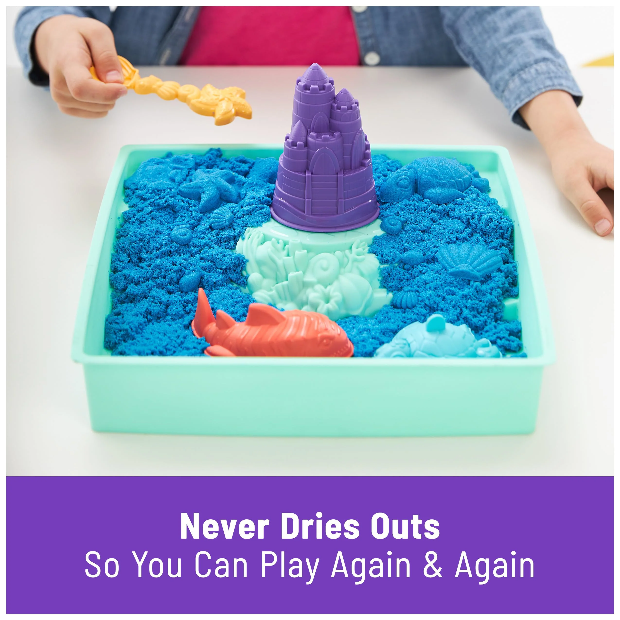 Kinetic Sand, Sandbox Set, Creative Easter Gifts, Includes 1lb Blue Moldable Play Sand, 4 Tools & Molds, Storage, Sensory Toys for Kids Ages 3 and up - Image 5