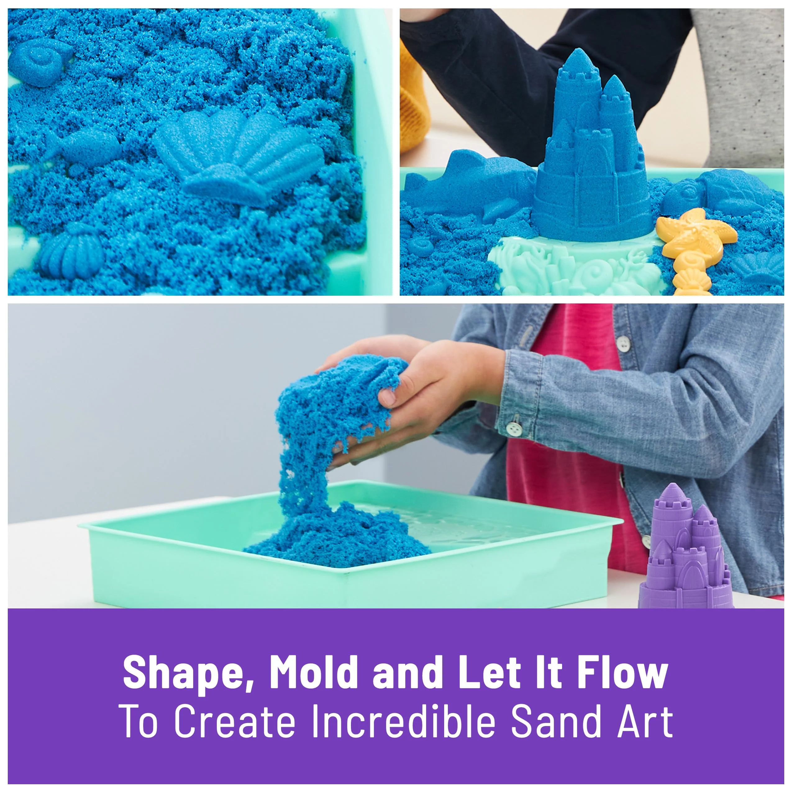 Kinetic Sand, Sandbox Set, Creative Easter Gifts, Includes 1lb Blue Moldable Play Sand, 4 Tools & Molds, Storage, Sensory Toys for Kids Ages 3 and up - Image 8