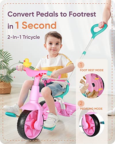 KRIDDO 2 in 1 Kids Tricycles Age 18 Month to 3 Years, EVA Wheels Upgraded, Gift, Trikes for Toddlers 2 to 3 Year Old with Push Handle and Duck Bell, Pink - Image 6