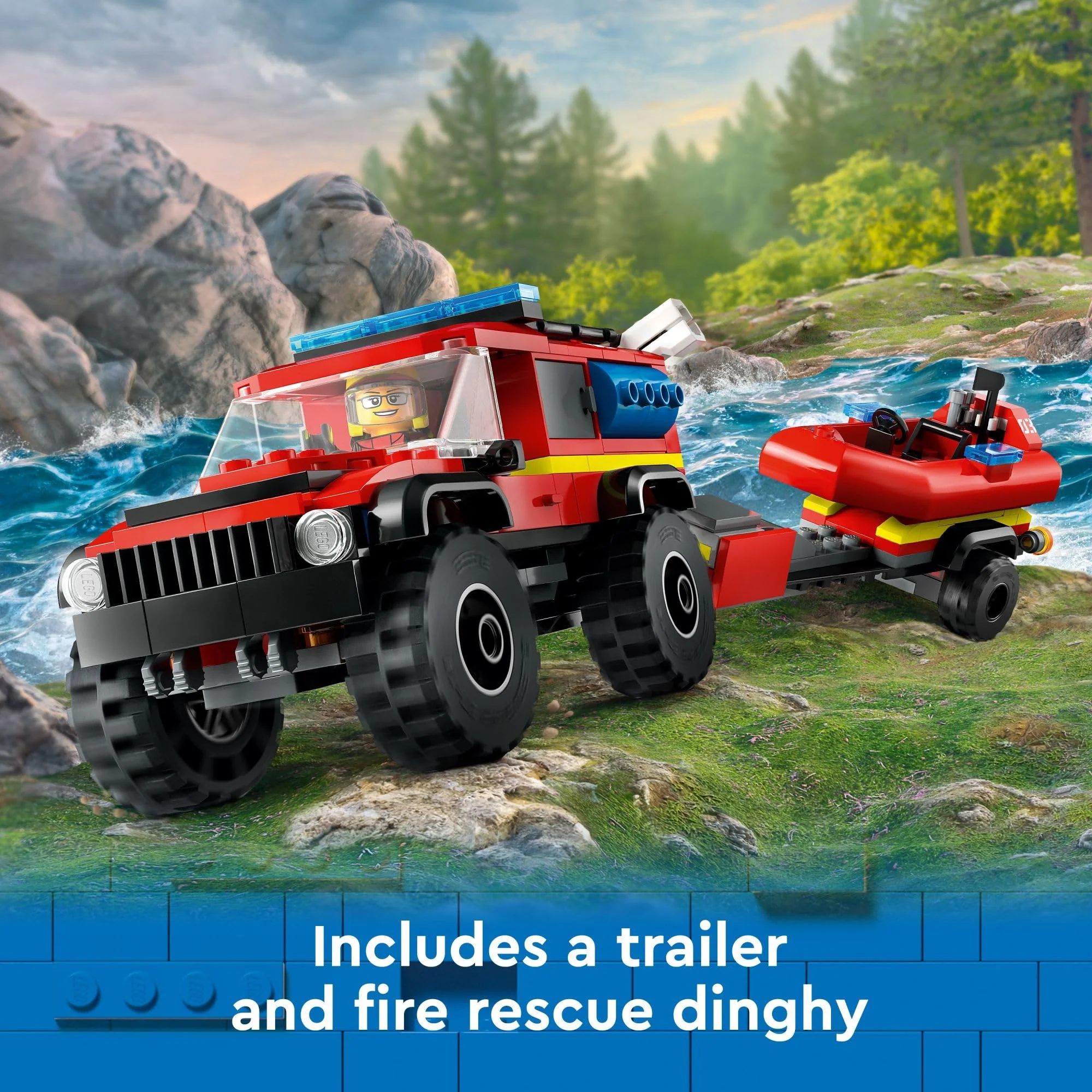 LEGO City 4x4 Fire Truck with Rescue Boat Toy for Kids Ages 5 and Up, Pretend Play Toy for Boys and Girls with a Truck Toy, Trailer, Dinghy and Tent, Plus 1 Camper and 2 Firefighter Minifigures, 60412 - Image 4