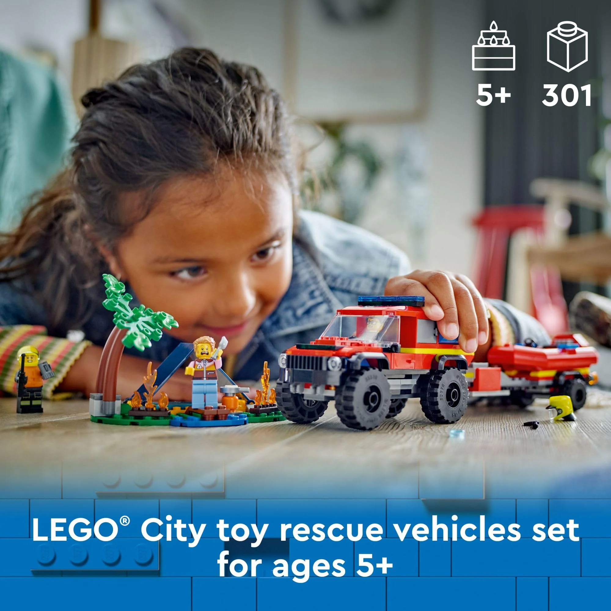 LEGO City 4x4 Fire Truck with Rescue Boat Toy for Kids Ages 5 and Up, Pretend Play Toy for Boys and Girls with a Truck Toy, Trailer, Dinghy and Tent, Plus 1 Camper and 2 Firefighter Minifigures, 60412 - Image 6