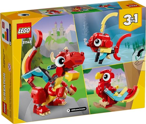 LEGO Creator 3 in 1 Red Dragon Toy, Transforms from Dragon Toy to Fish Toy to Phoenix Toy, Gift Idea for Boys and Girls Ages 6 and Up, Animal Toy Set for Kids, 31145 - Image 2