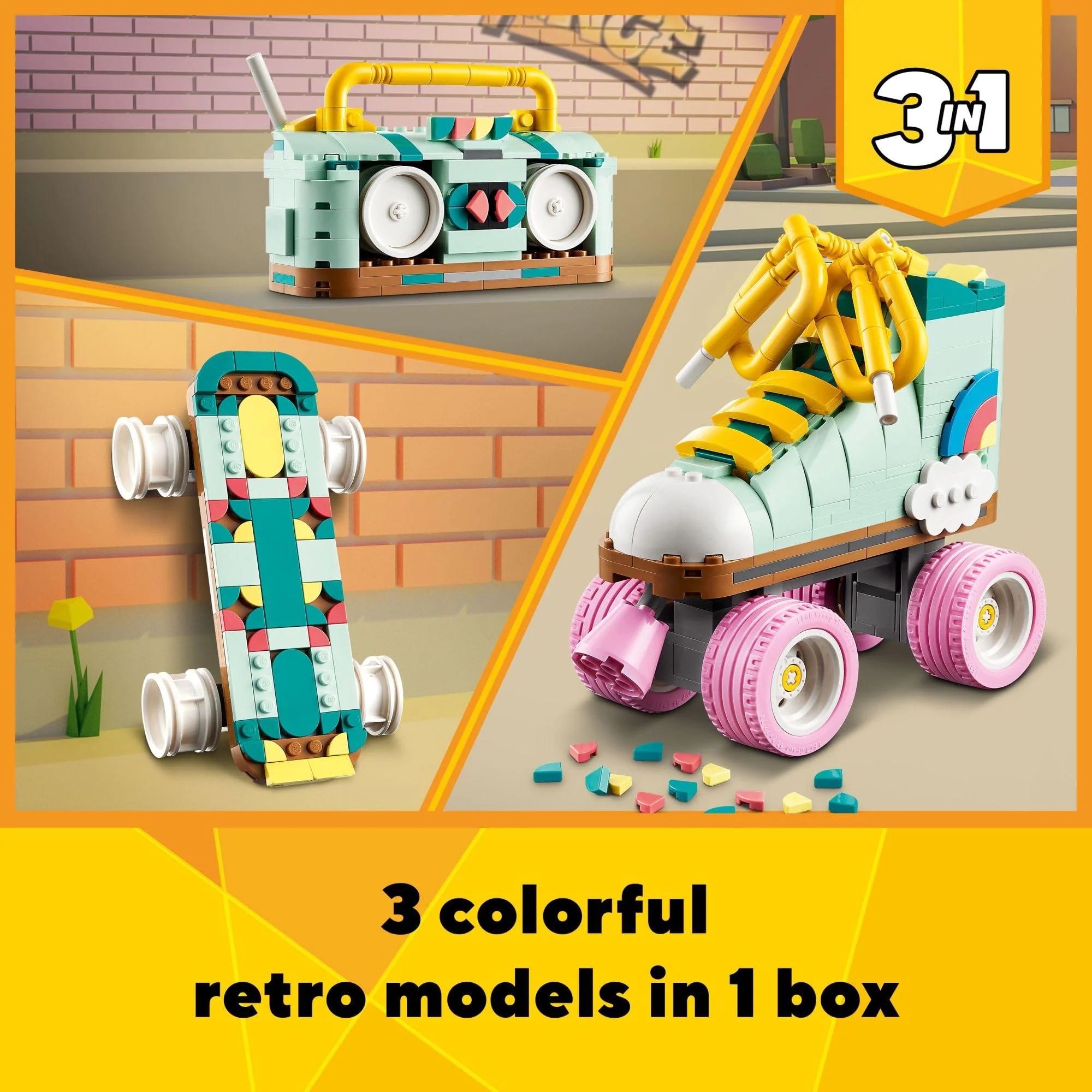 LEGO Creator 3 in 1 Retro Roller Skate Building Kit, Transforms from Roller Skate Toy to Mini Skateboard to Boom Box Radio, Birthday Gift for Skaters, Cool Toy for Boys and Girls Ages 8 and Up, 31148 - Image 6