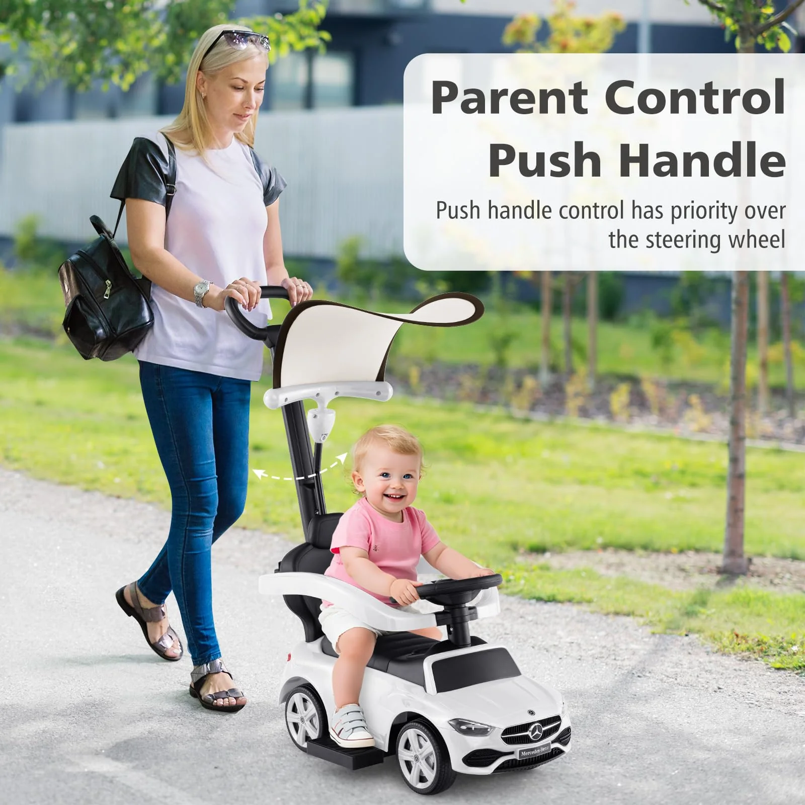 Licensed Mercedes Benz Push Car for Toddlers, 3 in 1 Sliding Walking Car with Push Handle, Ride on for Boys Girls (White) - Image 2