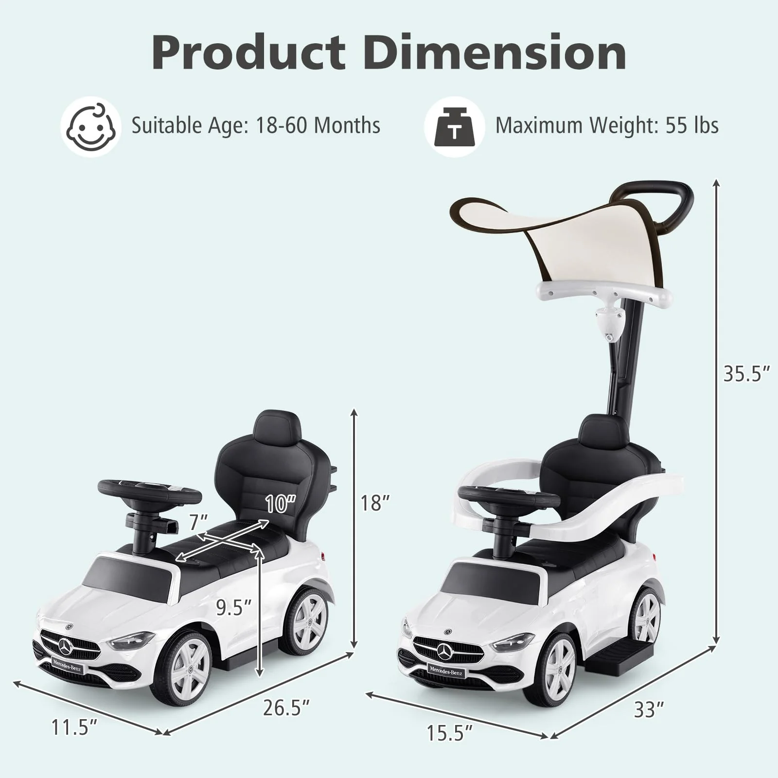 Licensed Mercedes Benz Push Car for Toddlers, 3 in 1 Sliding Walking Car with Push Handle, Ride on for Boys Girls (White) - Image 3