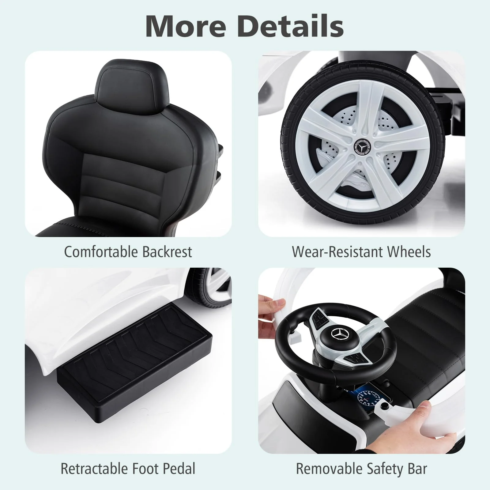 Licensed Mercedes Benz Push Car for Toddlers, 3 in 1 Sliding Walking Car with Push Handle, Ride on for Boys Girls (White) - Image 4