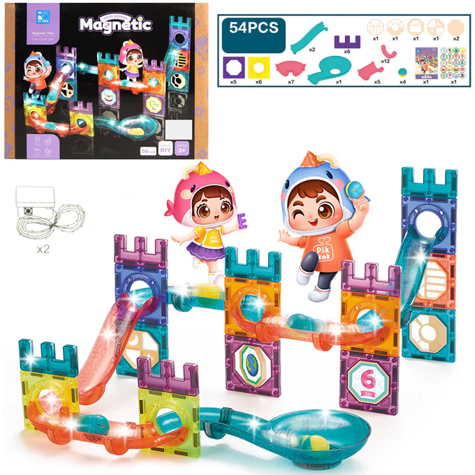 Magnetic Tiles Construction Play with Glowing Light 56 Pcs – Cute Great Walls Set Toy For Kids - Image 5