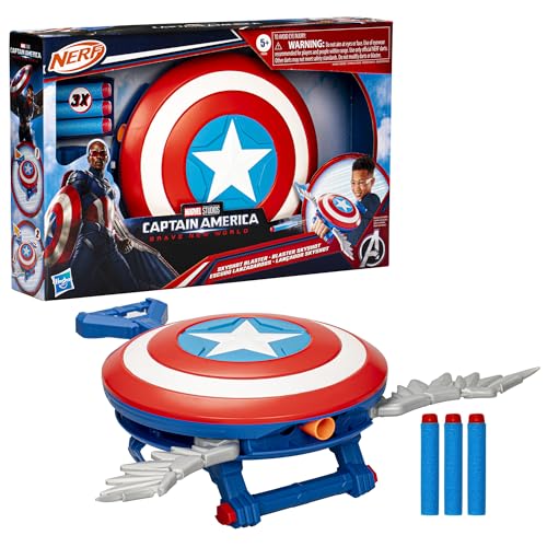 Marvel Studios Captain America Brave New World NERF Skyshot Blaster, Shield Roleplay Toy, Super Hero Toys for Kids 5 and Up