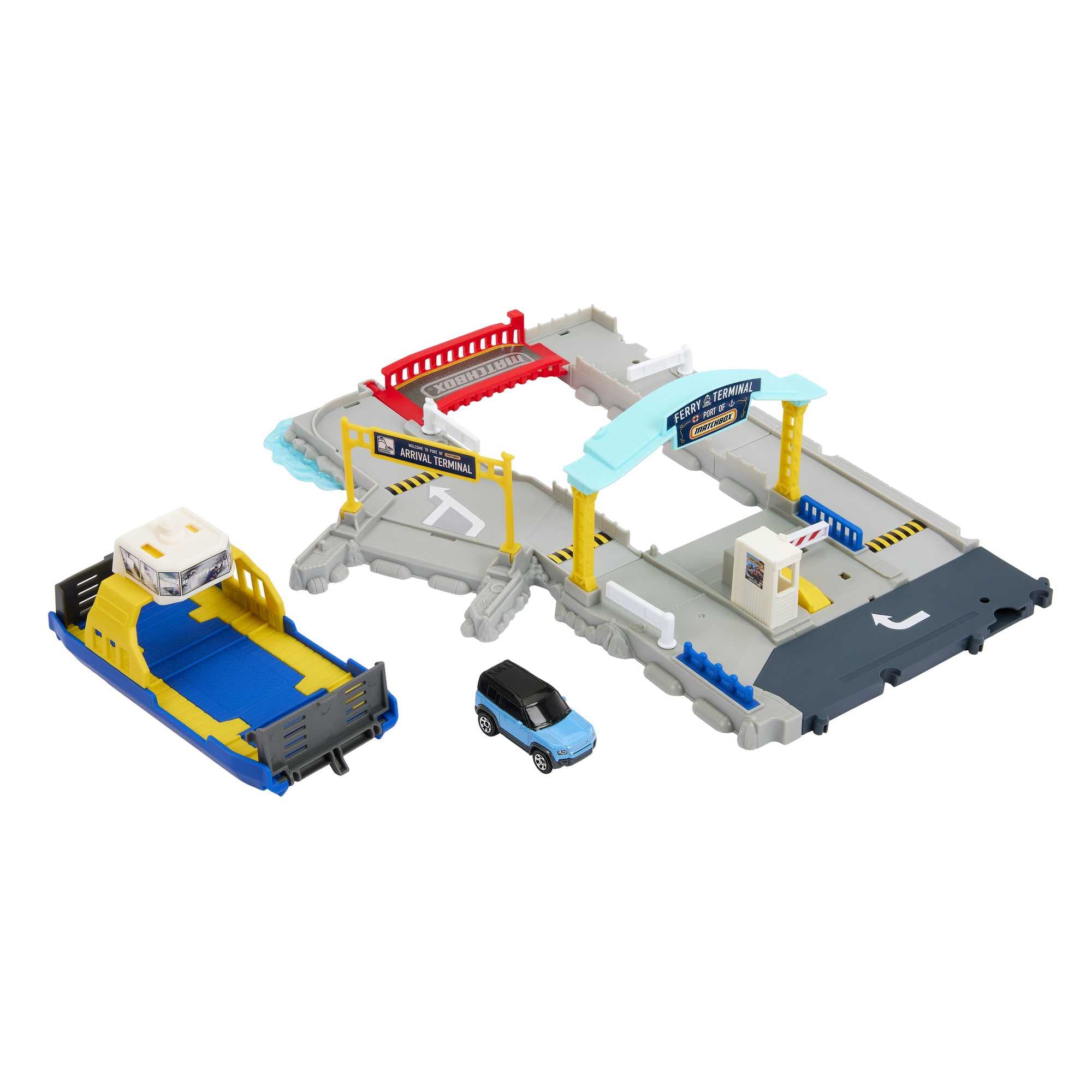 Matchbox Ferry Port Set with Detachable Wheeled Ferry, Elements to Activate Manually or with The Help of The Land Rover Car, Children's Toy