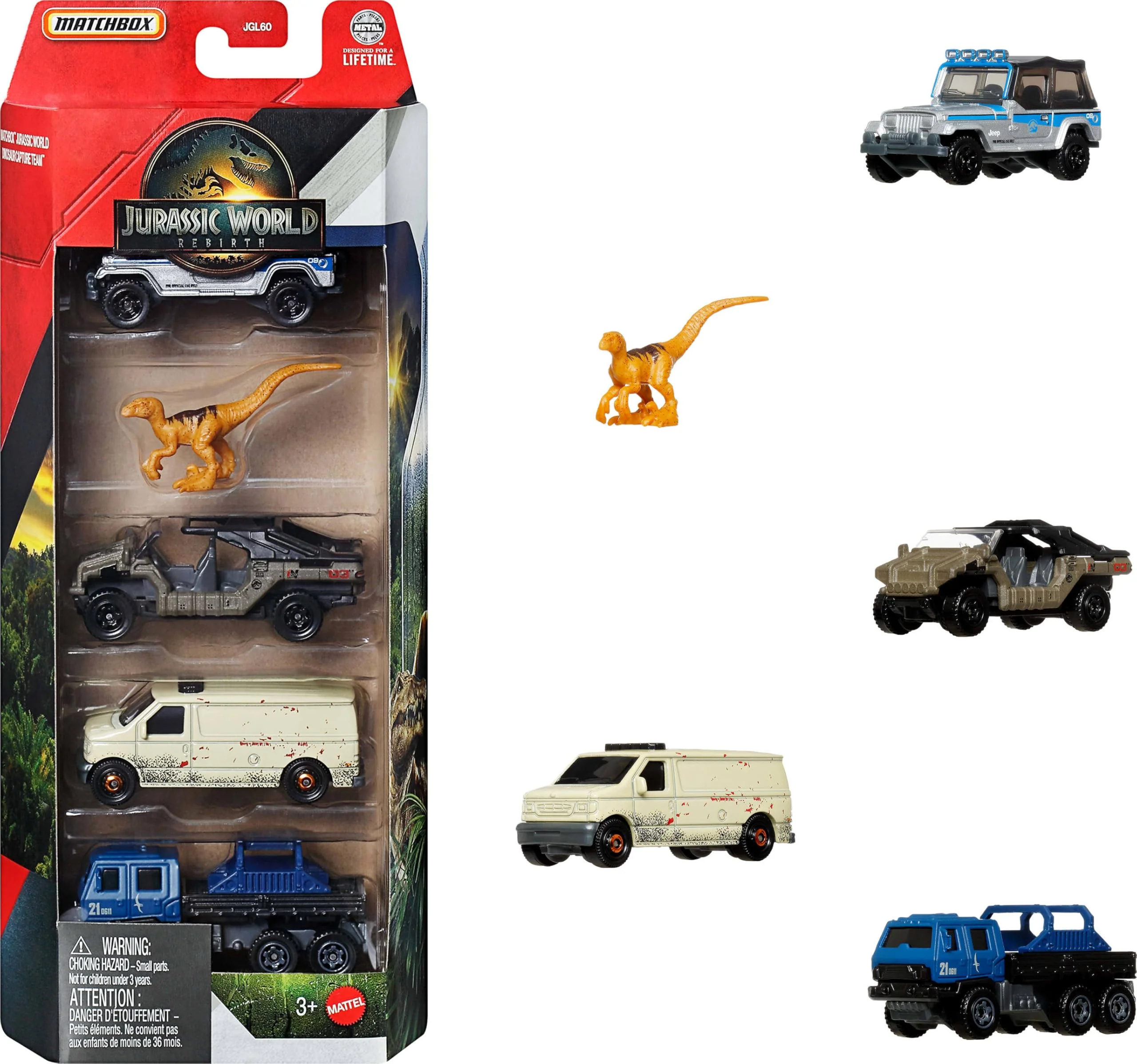 Matchbox Jurassic World Toy Cars, Trucks & Dinosaur, 5-Pack with 4 1:64 Scale Die-Cast Toy Vehicle & 1 Dinosaur from The Franchise (Styles May Vary)