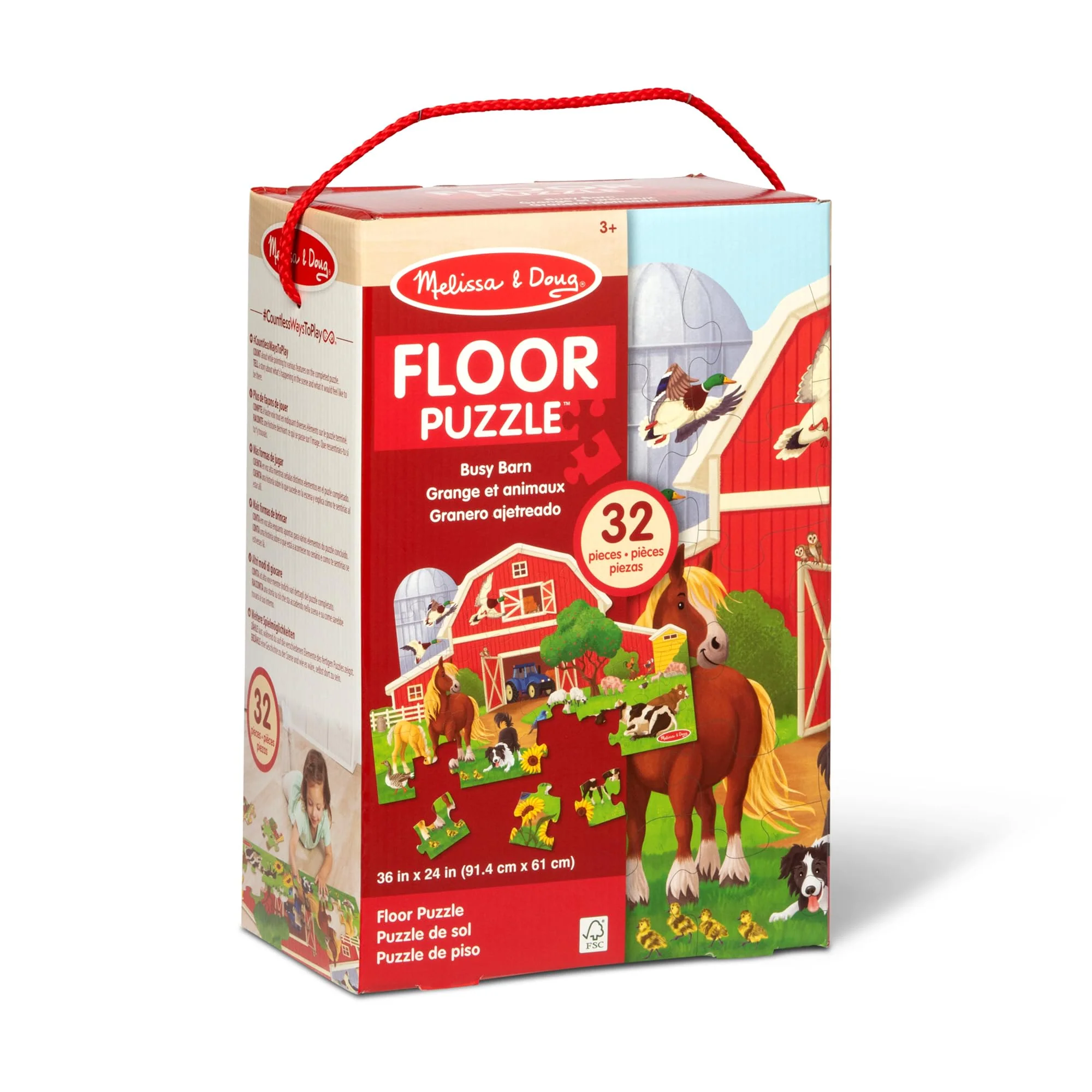 Melissa & Doug Busy Barn Shaped Jumbo Floor Puzzle, 32-Piece Barn-Shaped Jigsaw Puzzle with Farm Animals, 3 x 2 Foot Toddler Puzzles for Kids Ages 3+