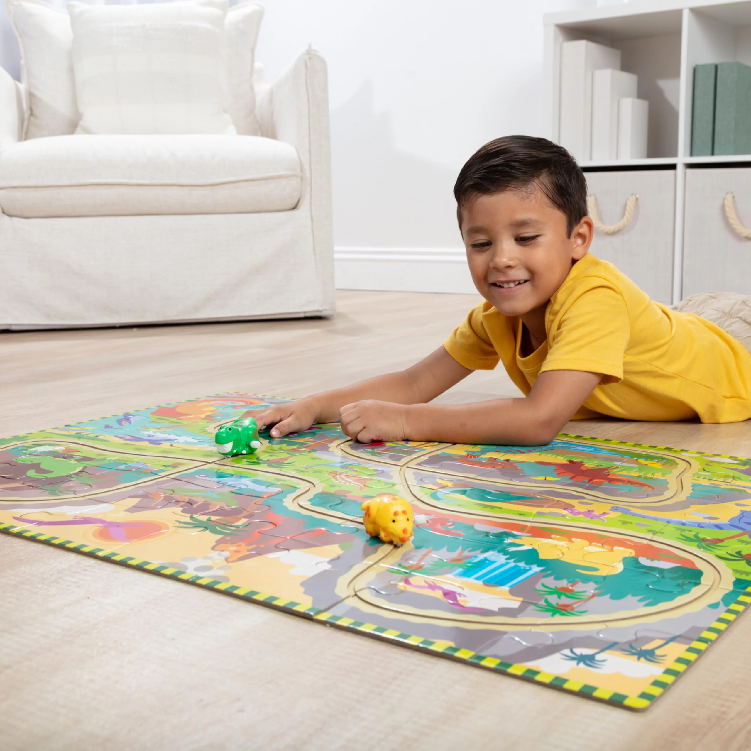 Melissa & Doug Dinosaur Adventure Tracks Cardboard Jigsaw Floor Puzzle and 2 Wind-Up Dinos – 48 Pieces, for Boys and Girls 3+ - Image 2