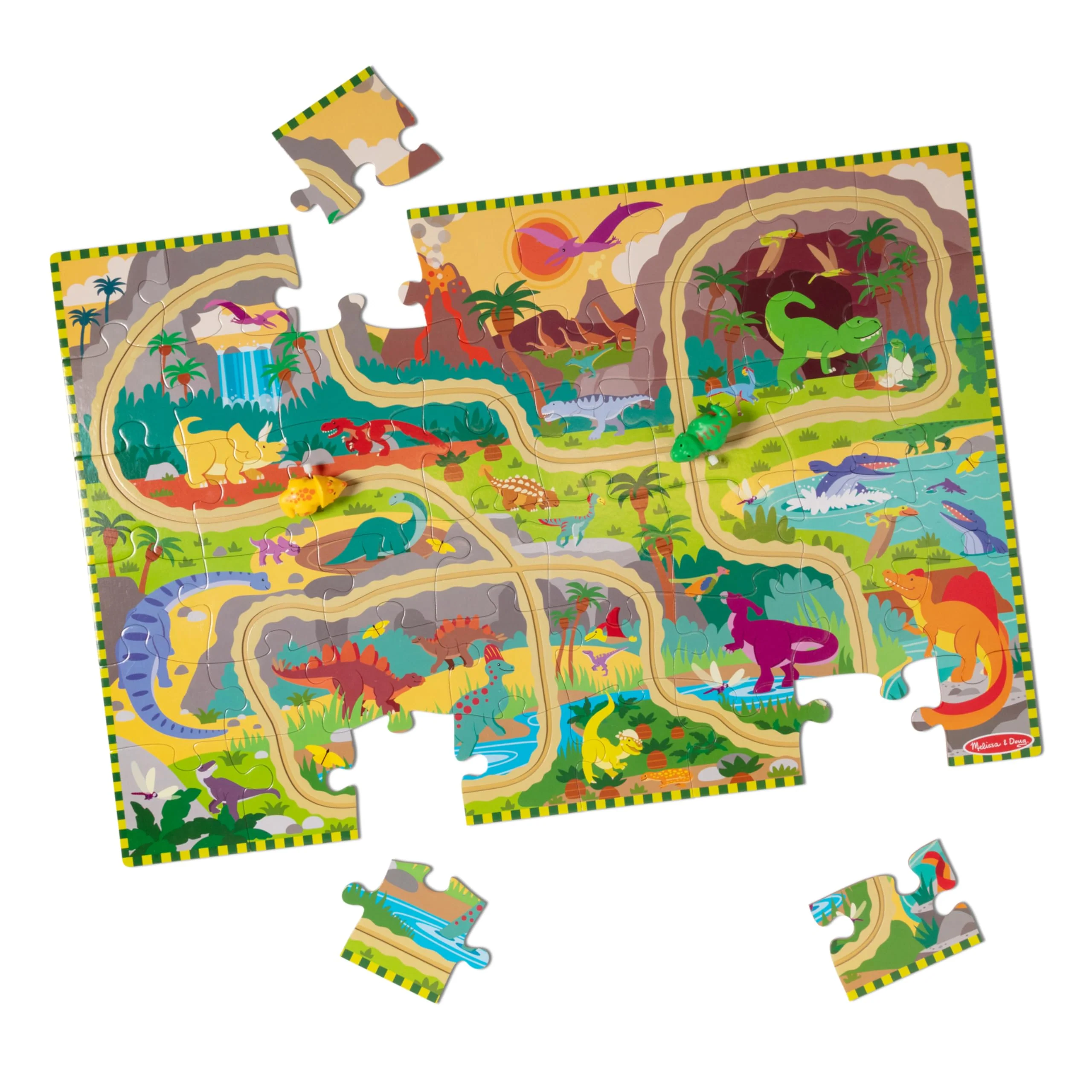 Melissa & Doug Dinosaur Adventure Tracks Cardboard Jigsaw Floor Puzzle and 2 Wind-Up Dinos – 48 Pieces, for Boys and Girls 3+ - Image 3