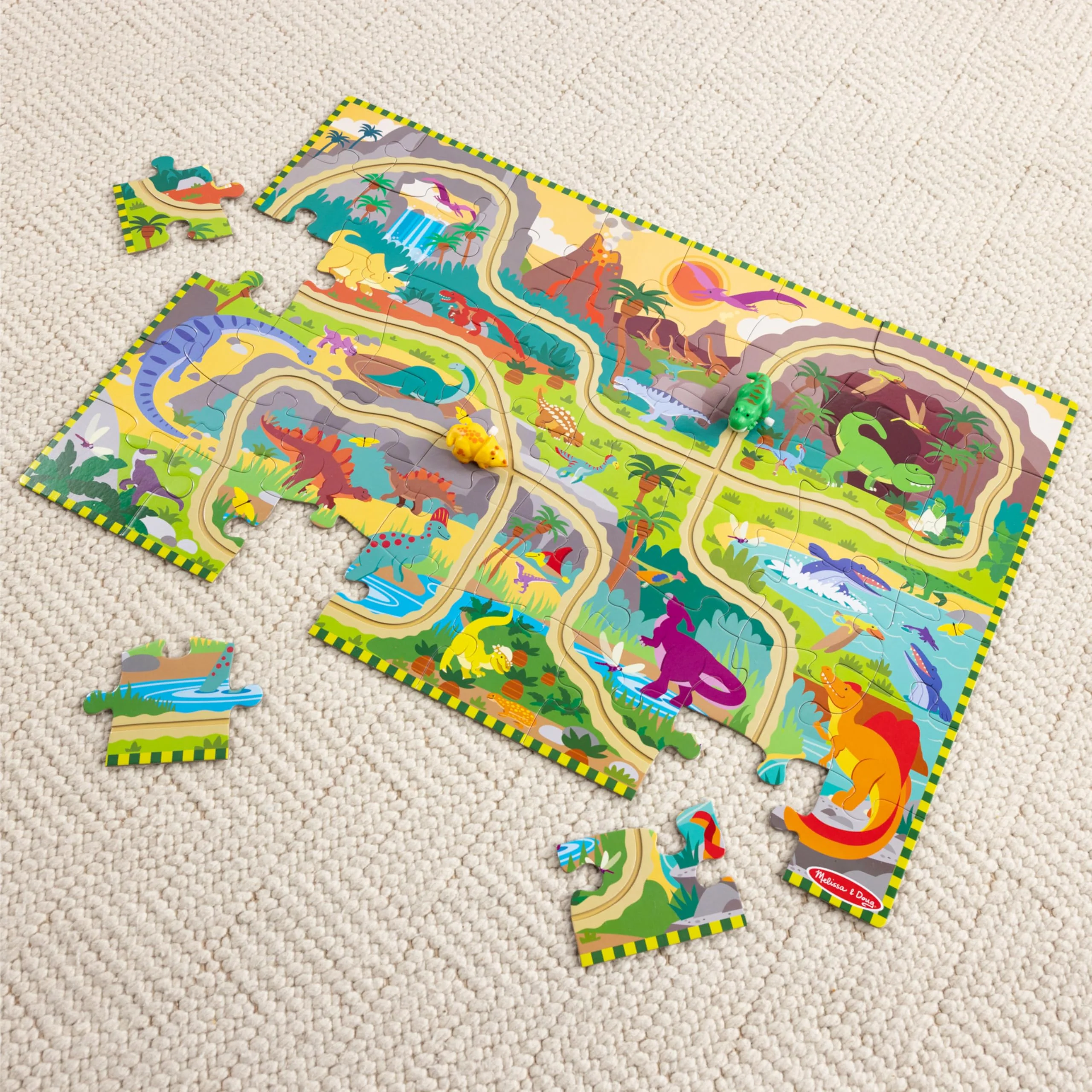 Melissa & Doug Dinosaur Adventure Tracks Cardboard Jigsaw Floor Puzzle and 2 Wind-Up Dinos – 48 Pieces, for Boys and Girls 3+ - Image 4