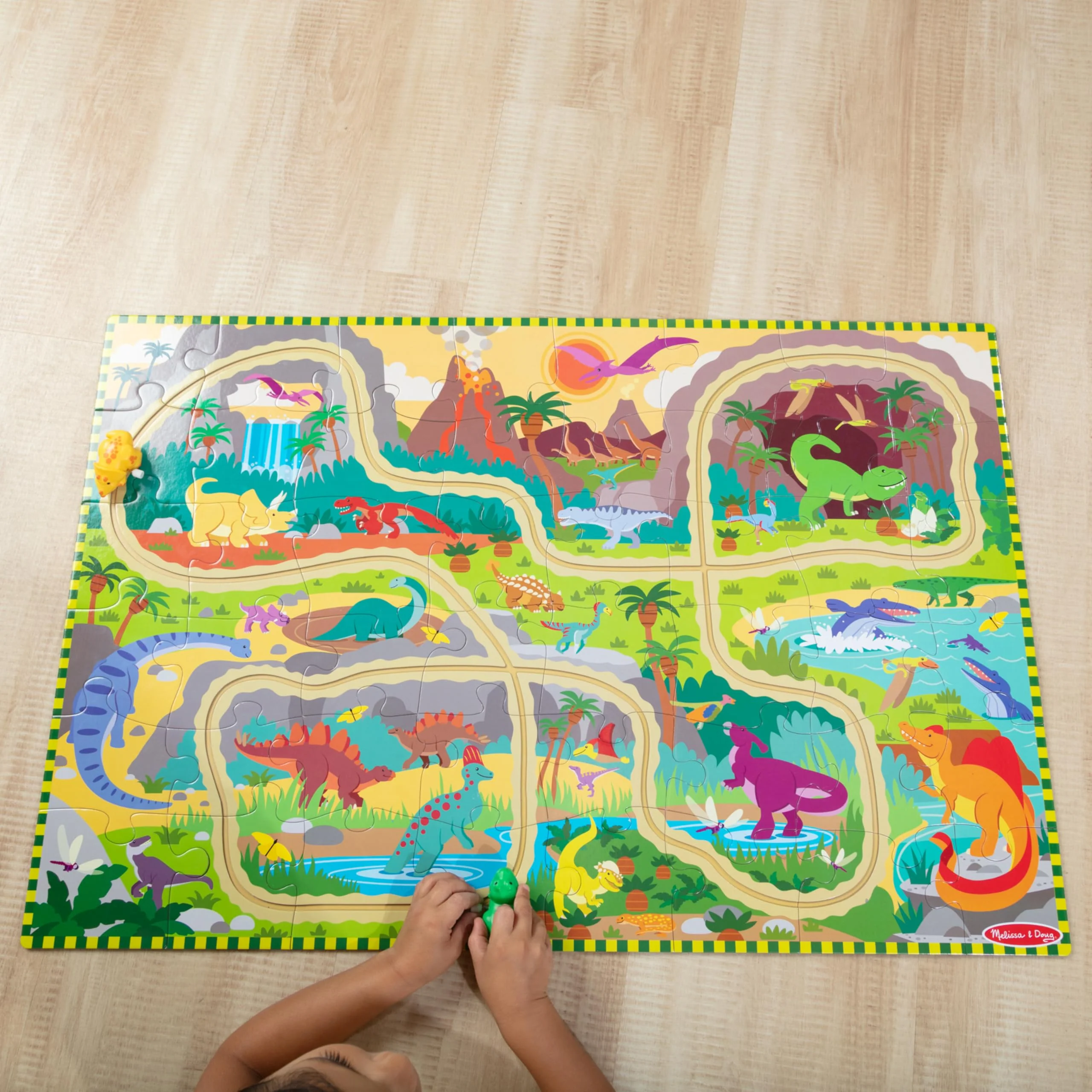 Melissa & Doug Dinosaur Adventure Tracks Cardboard Jigsaw Floor Puzzle and 2 Wind-Up Dinos – 48 Pieces, for Boys and Girls 3+ - Image 5