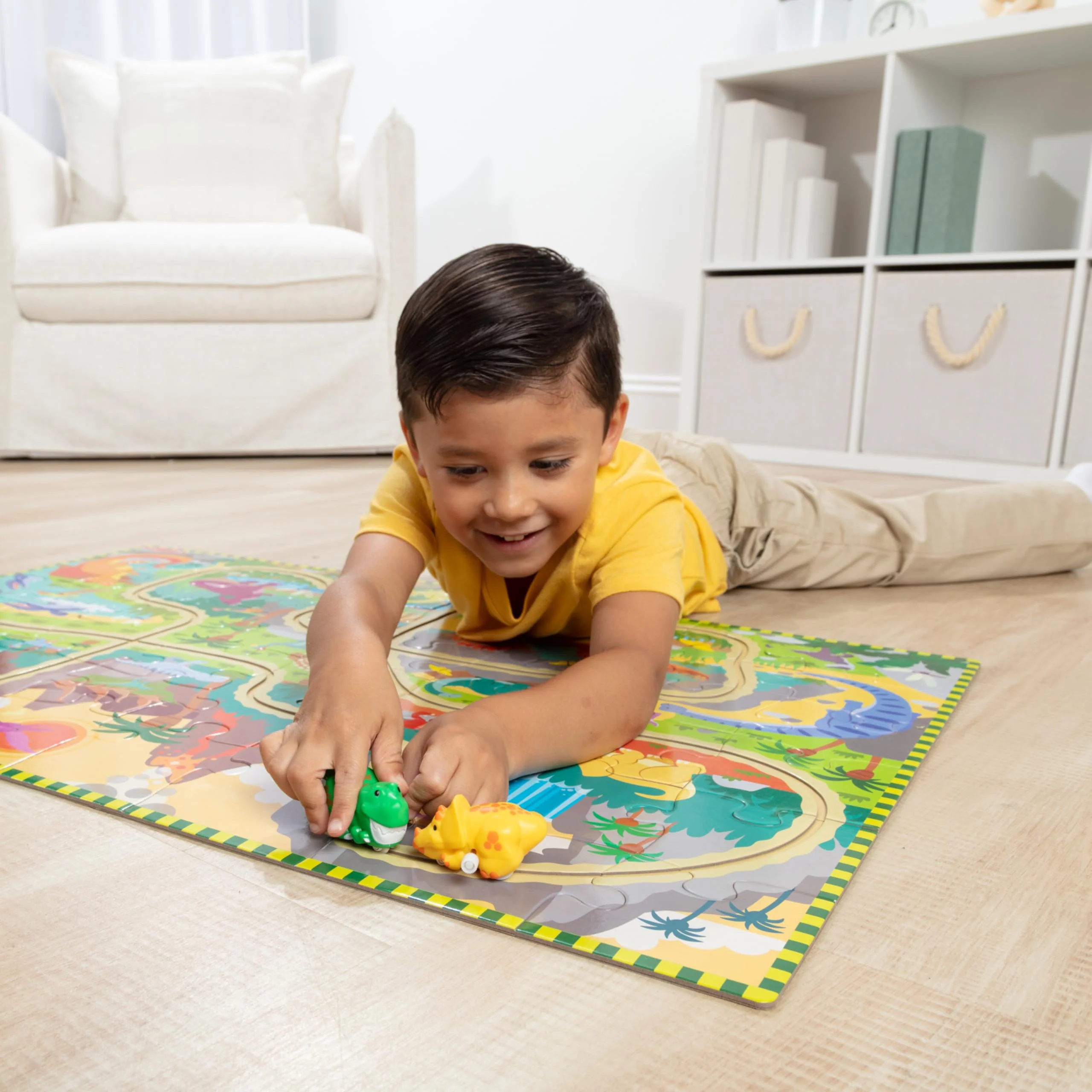 Melissa & Doug Dinosaur Adventure Tracks Cardboard Jigsaw Floor Puzzle and 2 Wind-Up Dinos – 48 Pieces, for Boys and Girls 3+ - Image 6