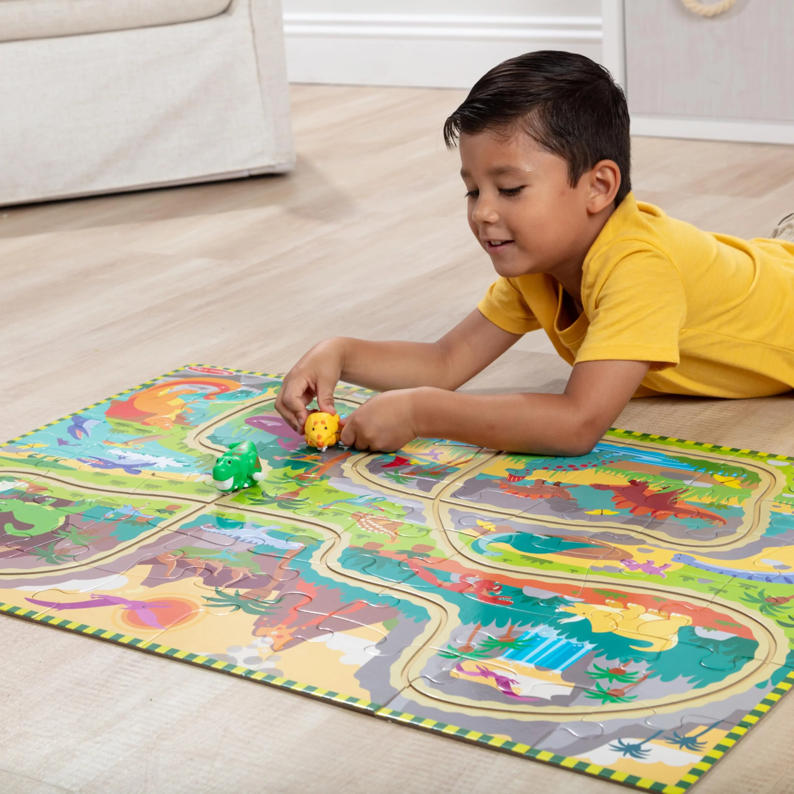 Melissa & Doug Dinosaur Adventure Tracks Cardboard Jigsaw Floor Puzzle and 2 Wind-Up Dinos – 48 Pieces, for Boys and Girls 3+ - Image 9