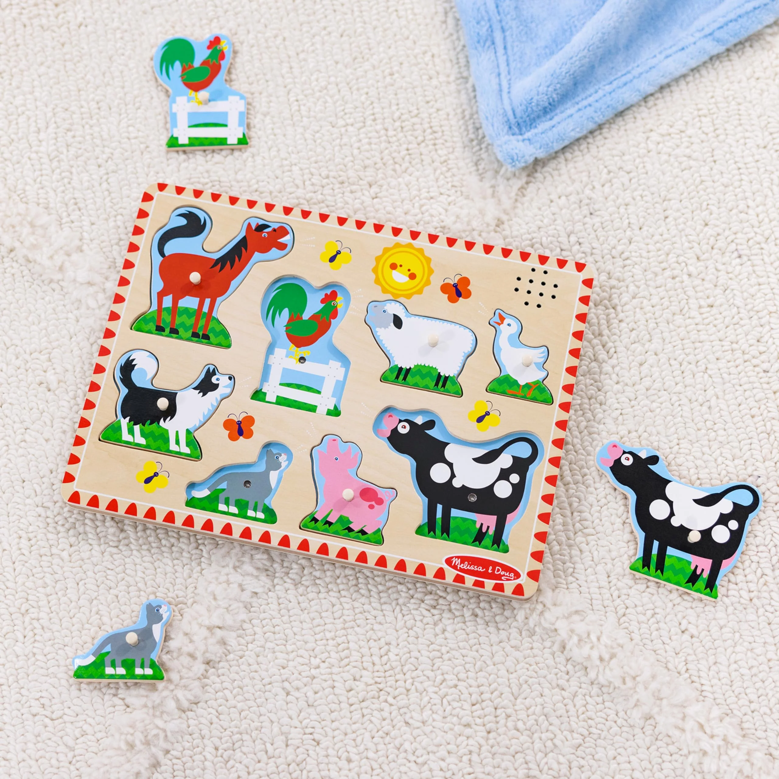 Melissa & Doug Farm Animals Sound Puzzle - Wooden Peg Puzzle with Sound Effects (8 pcs) - Image 3