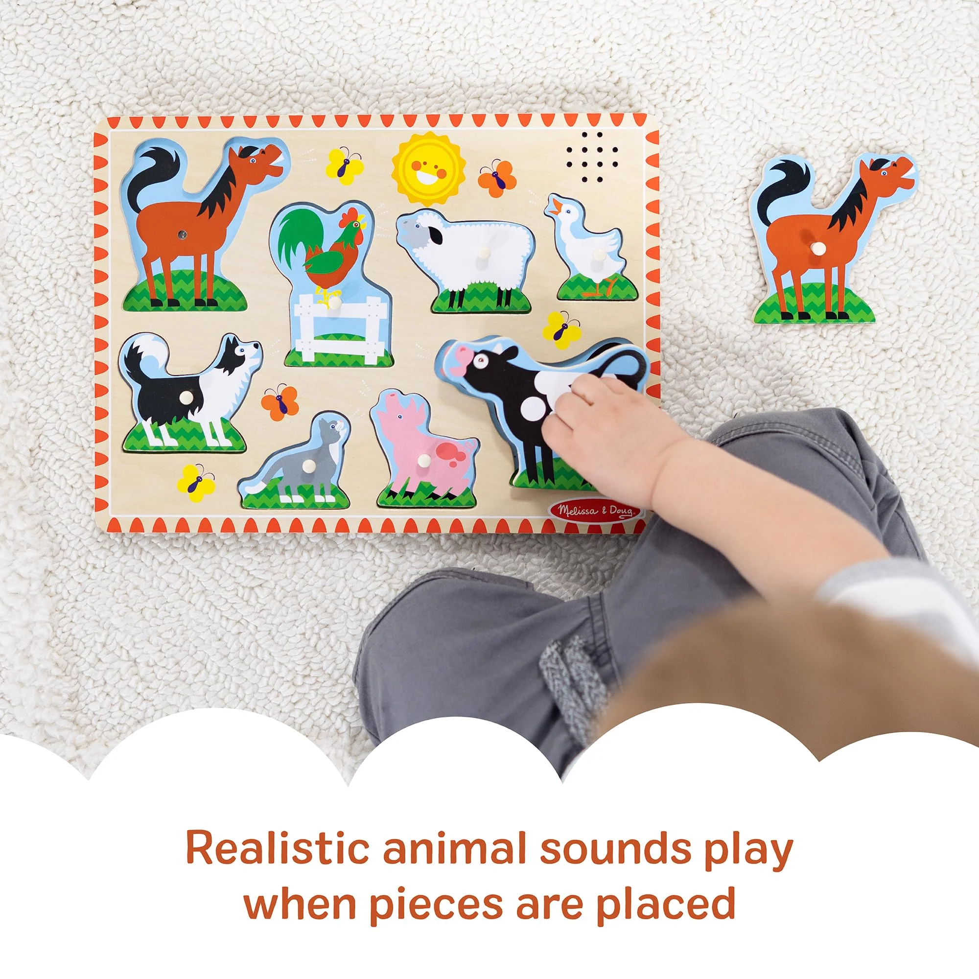 Melissa & Doug Farm Animals Sound Puzzle - Wooden Peg Puzzle with Sound Effects (8 pcs) - Image 9
