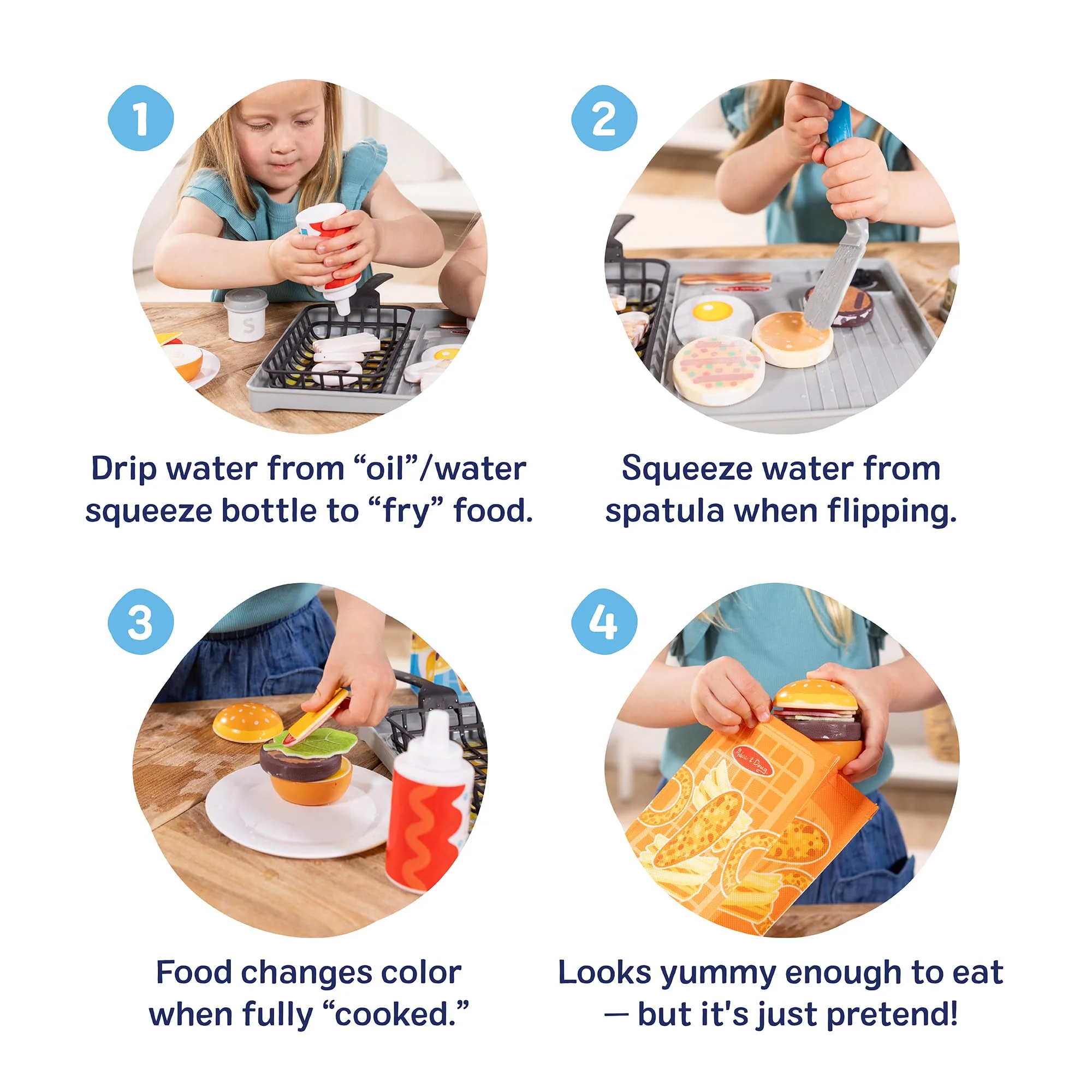 Melissa & Doug Flip & Fry Grill Play Set with Water Wow!® Kids Kitchen Playset with Color Changing Play Food, Preschool Toys for Girls & Boys Ages 3+ - Image 7