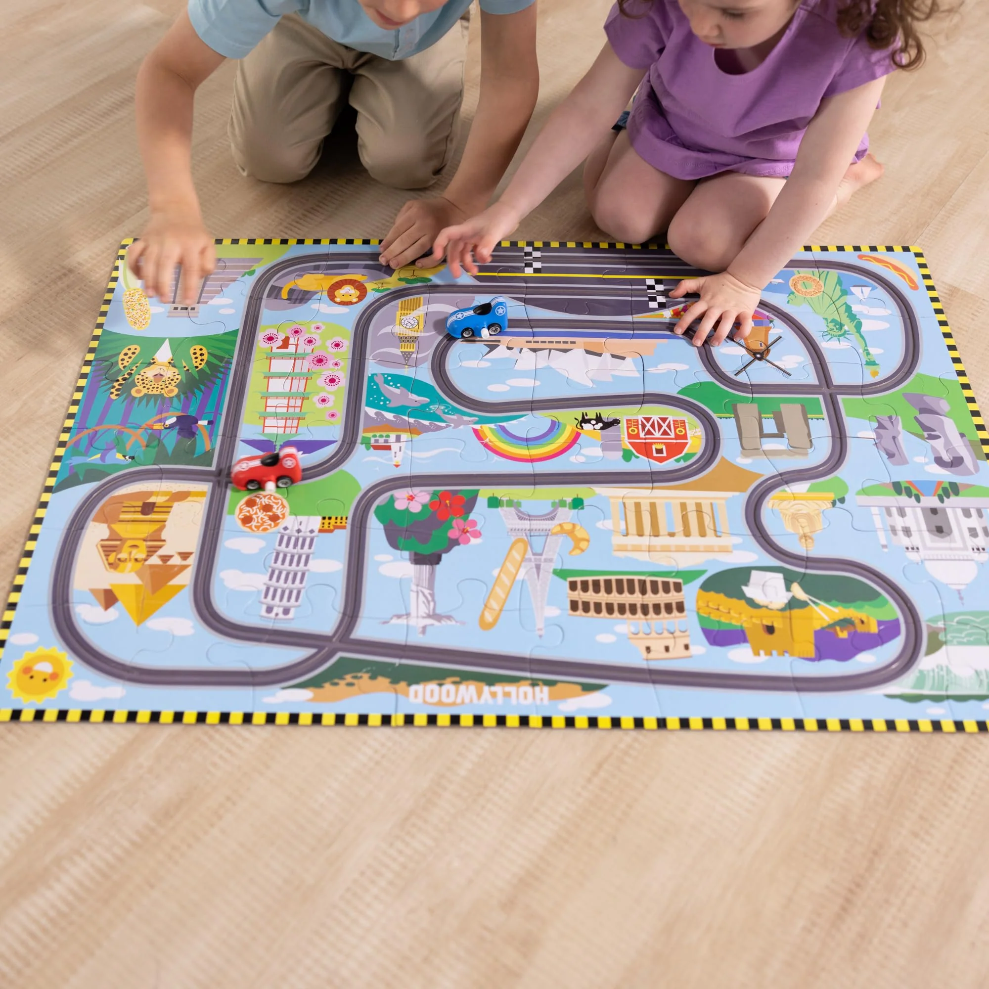 Melissa & Doug Race Around The World Tracks Cardboard Jigsaw Floor Puzzle and Wind-Up Vehicles (48 Pcs) for Preschoolers and Kids Ages 4+ - FSC Certified - Image 10
