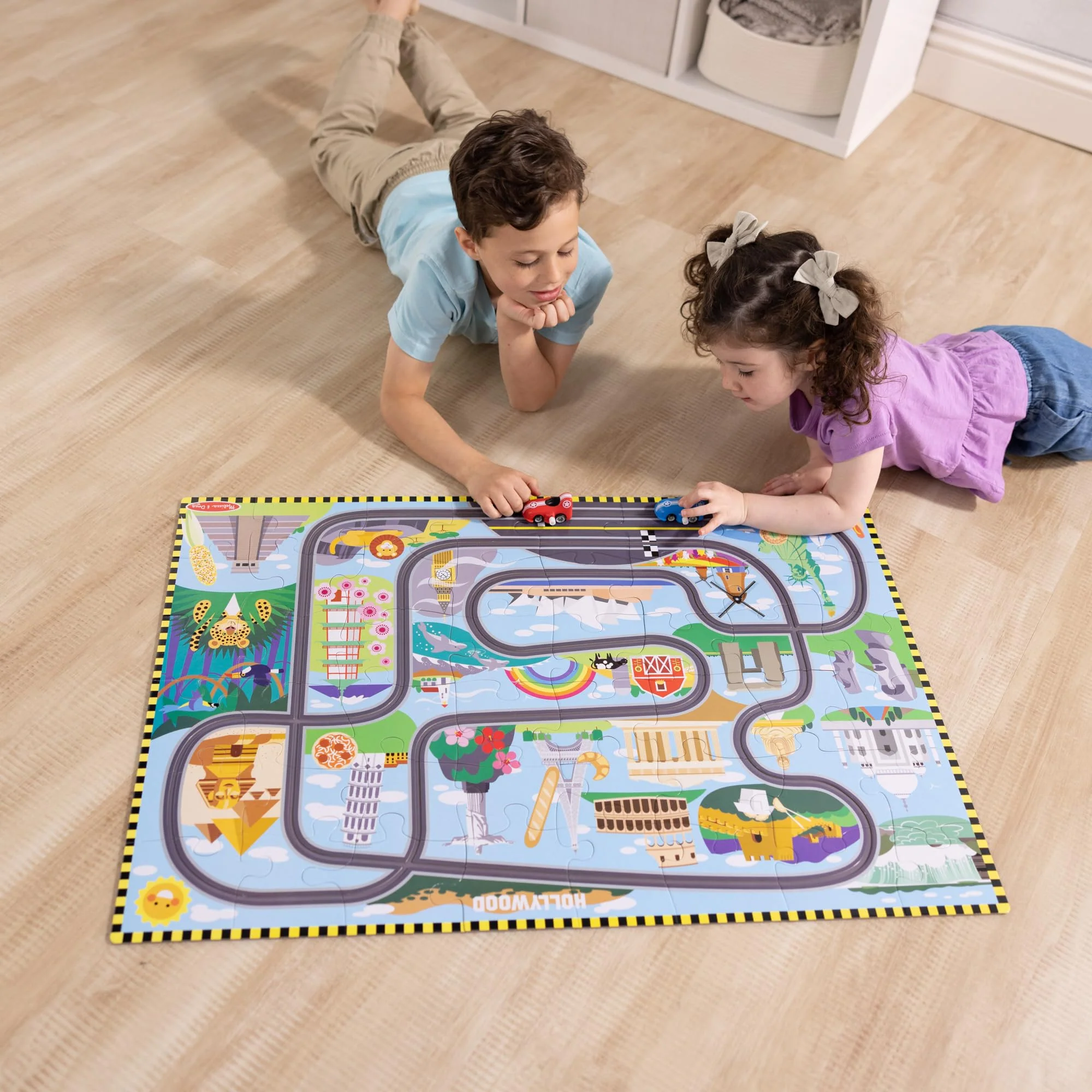 Melissa & Doug Race Around The World Tracks Cardboard Jigsaw Floor Puzzle and Wind-Up Vehicles (48 Pcs) for Preschoolers and Kids Ages 4+ - FSC Certified - Image 3