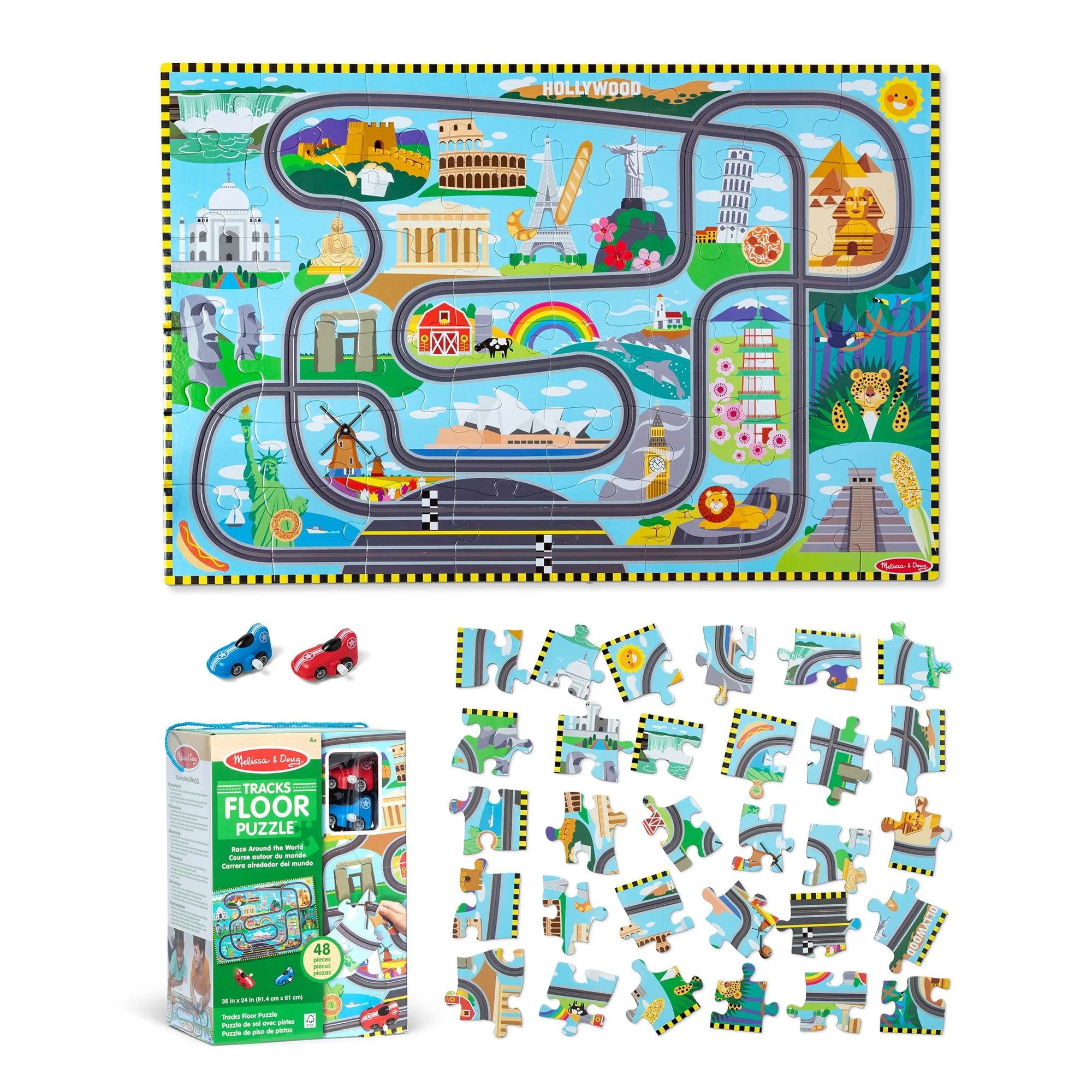 Melissa & Doug Race Around The World Tracks Cardboard Jigsaw Floor Puzzle and Wind-Up Vehicles (48 Pcs) for Preschoolers and Kids Ages 4+ - FSC Certified - Image 4