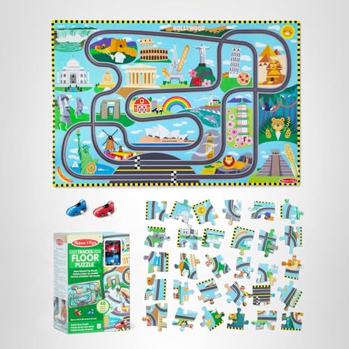 Melissa & Doug Race Around The World Tracks Cardboard Jigsaw Floor Puzzle and Wind-Up Vehicles (48 Pcs) for Preschoolers and Kids Ages 4+ - FSC Certified - Image 5
