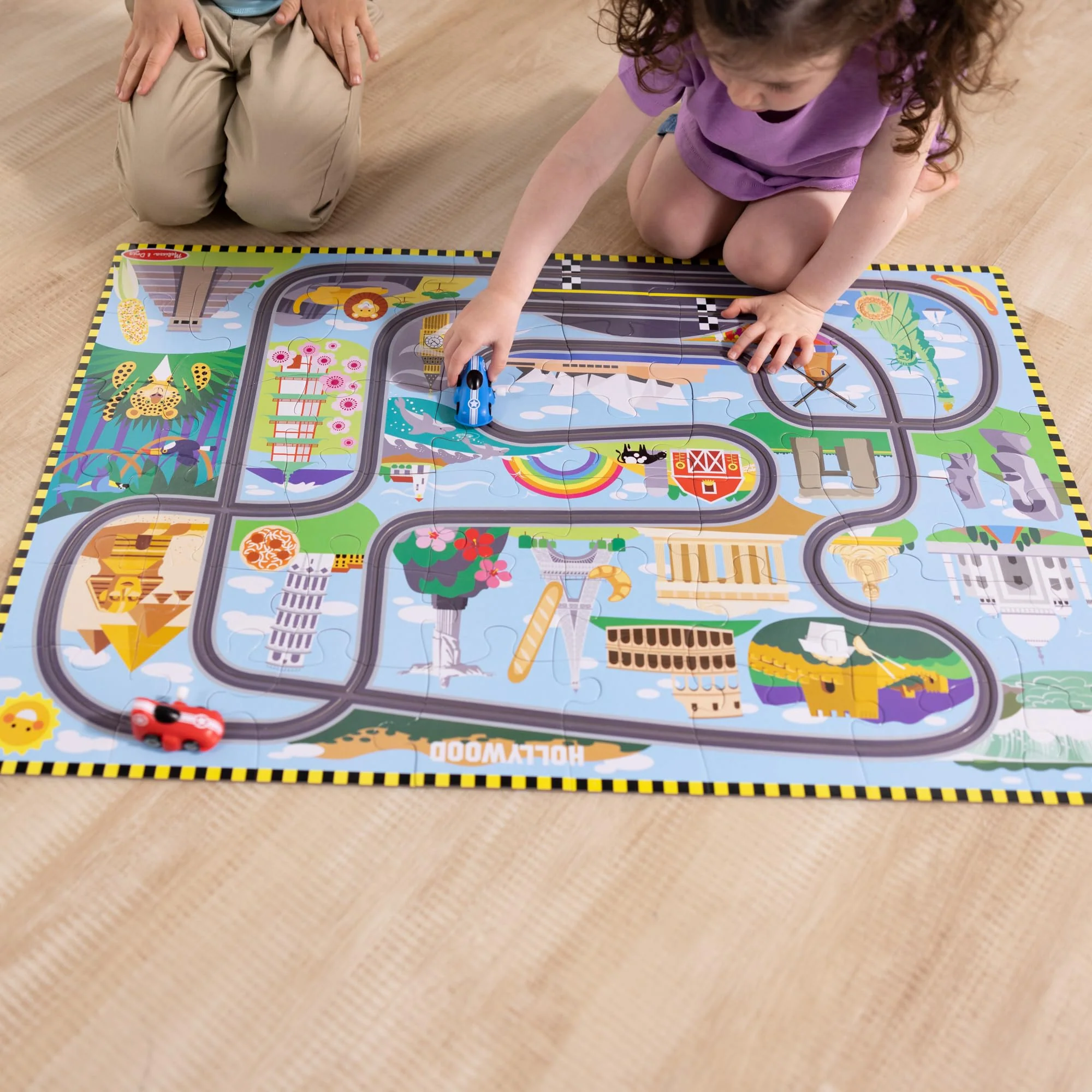 Melissa & Doug Race Around The World Tracks Cardboard Jigsaw Floor Puzzle and Wind-Up Vehicles (48 Pcs) for Preschoolers and Kids Ages 4+ - FSC Certified - Image 7