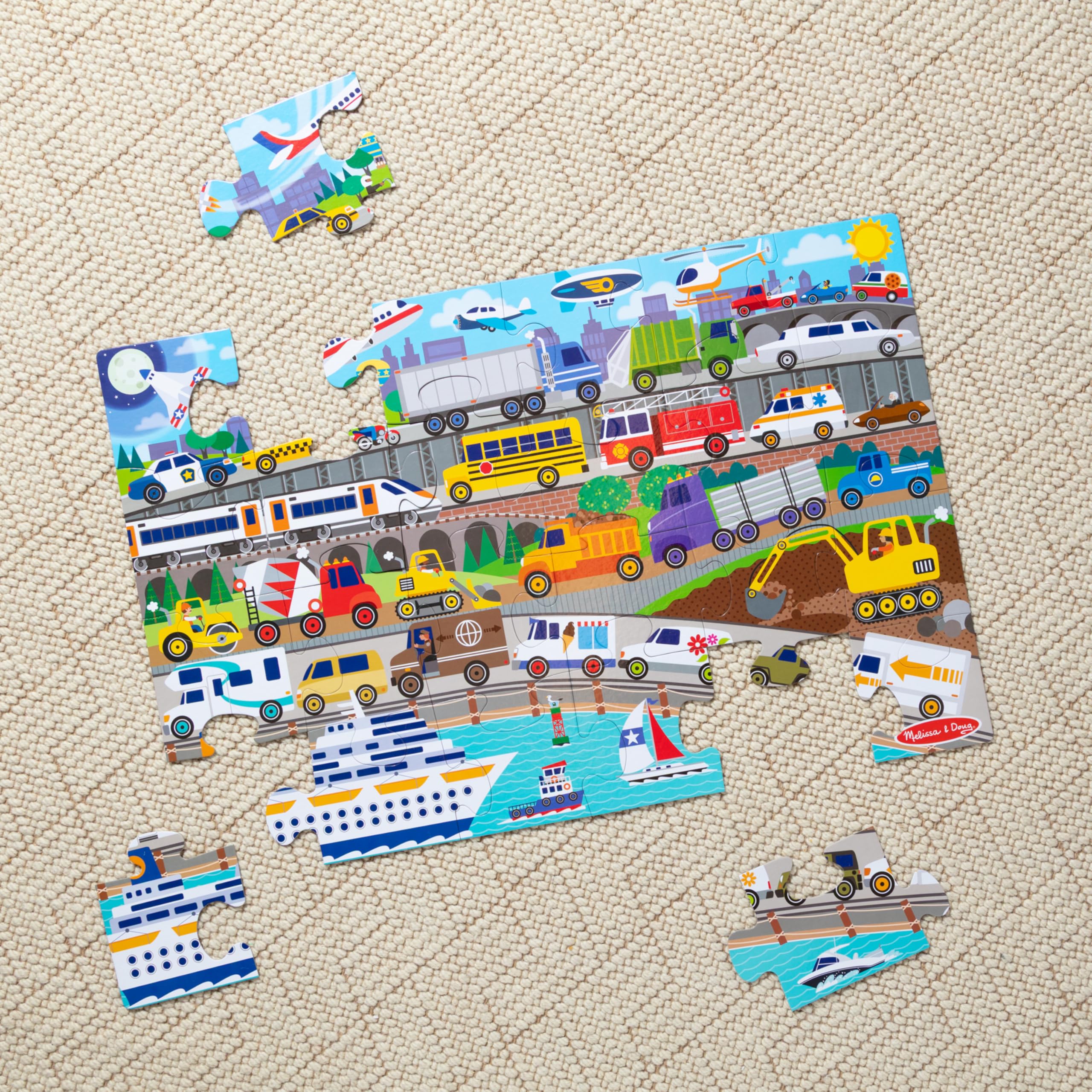 Melissa & Doug Traffic Jam, City Vehicle Themed Jumbo Floor Puzzle, 24-Piece Jigsaw Puzzle with Multiple Vehicles, 3 x 2 Foot Toddler Puzzles for Kids Ages 3+ - Image 3