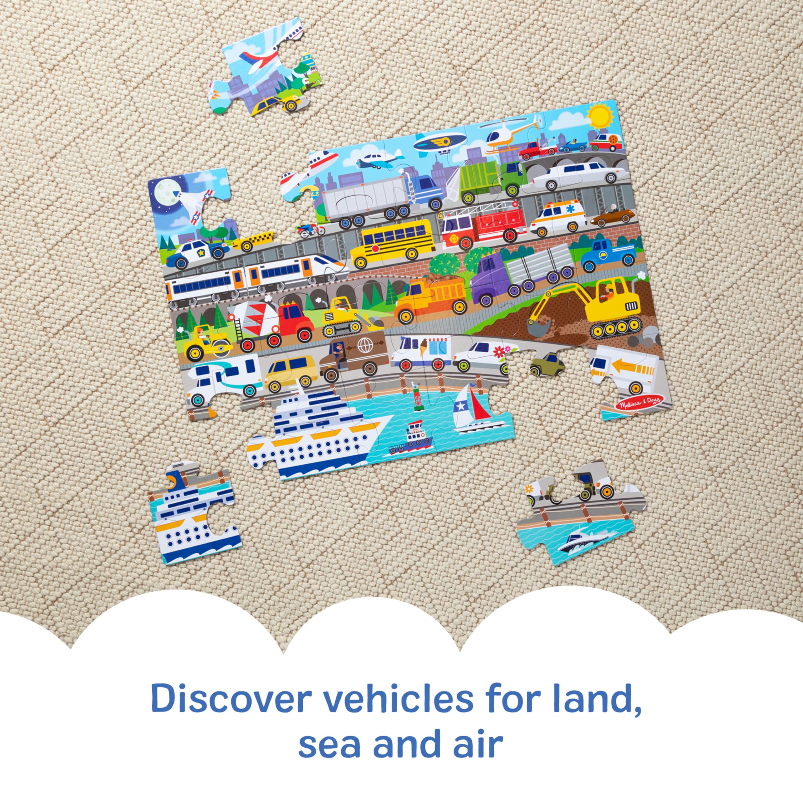 Melissa & Doug Traffic Jam, City Vehicle Themed Jumbo Floor Puzzle, 24-Piece Jigsaw Puzzle with Multiple Vehicles, 3 x 2 Foot Toddler Puzzles for Kids Ages 3+ - Image 7