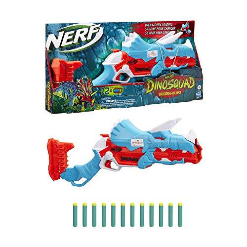 NERF DinoSquad Tricera-Blast Dart Blaster, Break-Open 3-Dart Loading, 12 Official Darts