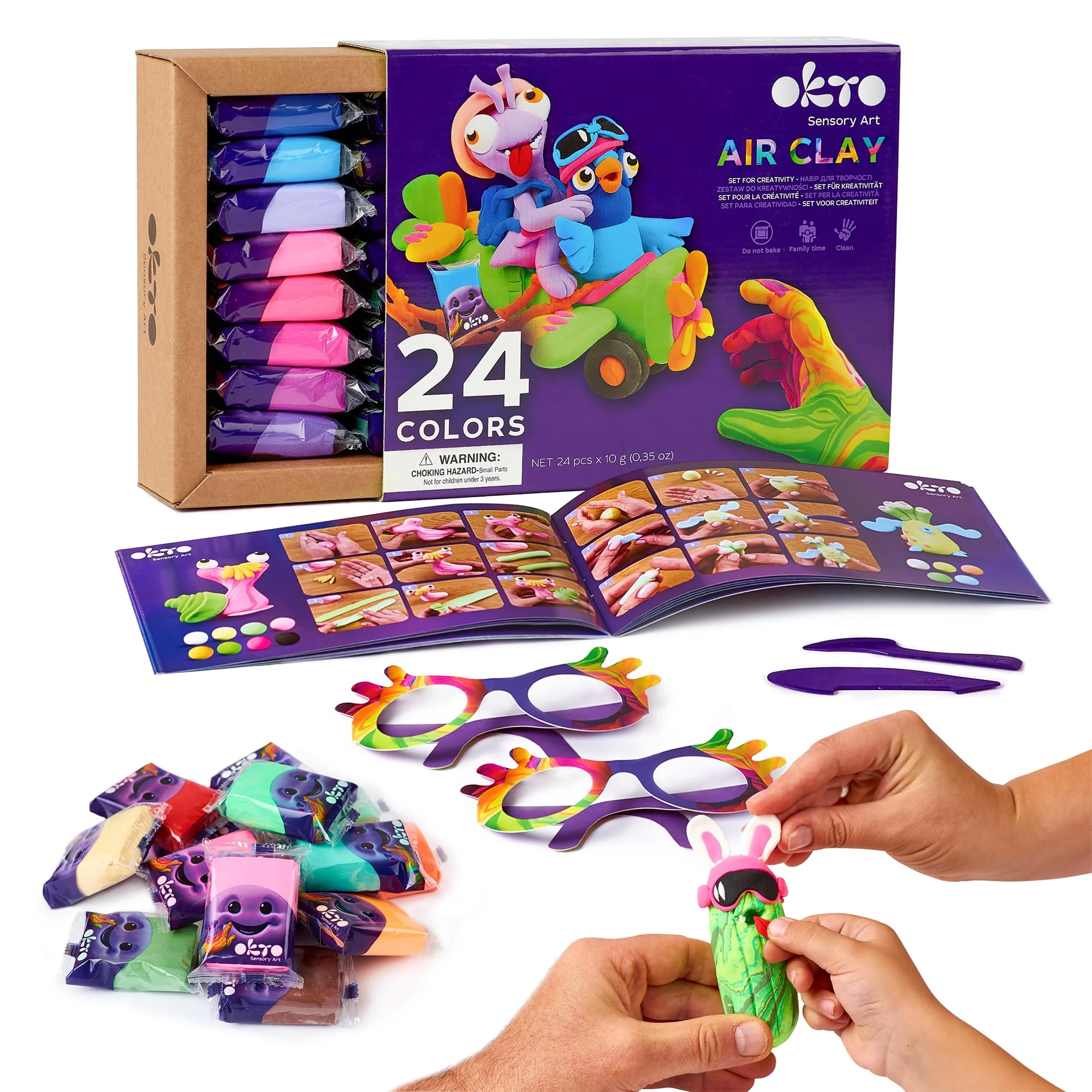 Okto Air Dry Clay for Kids – 24 Colors Foam Clay Set – Non-Sticky, Dries in ~24 Hours – Sculpting Tools, Fun Glasses, Storage Bags & Photo Guide – Sensory Craft Kit