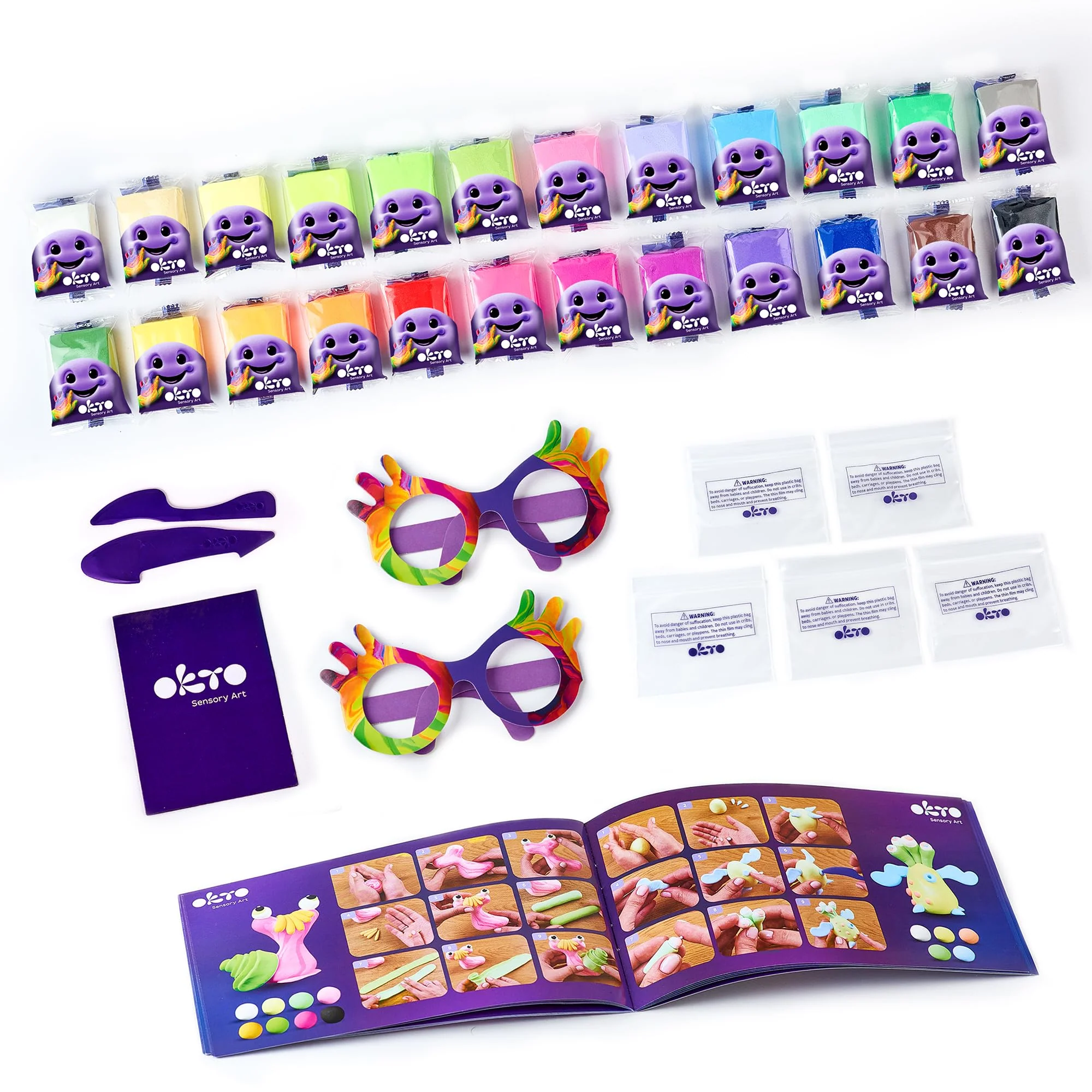 Okto Air Dry Clay for Kids – 24 Colors Foam Clay Set – Non-Sticky, Dries in ~24 Hours – Sculpting Tools, Fun Glasses, Storage Bags & Photo Guide – Sensory Craft Kit - Image 7