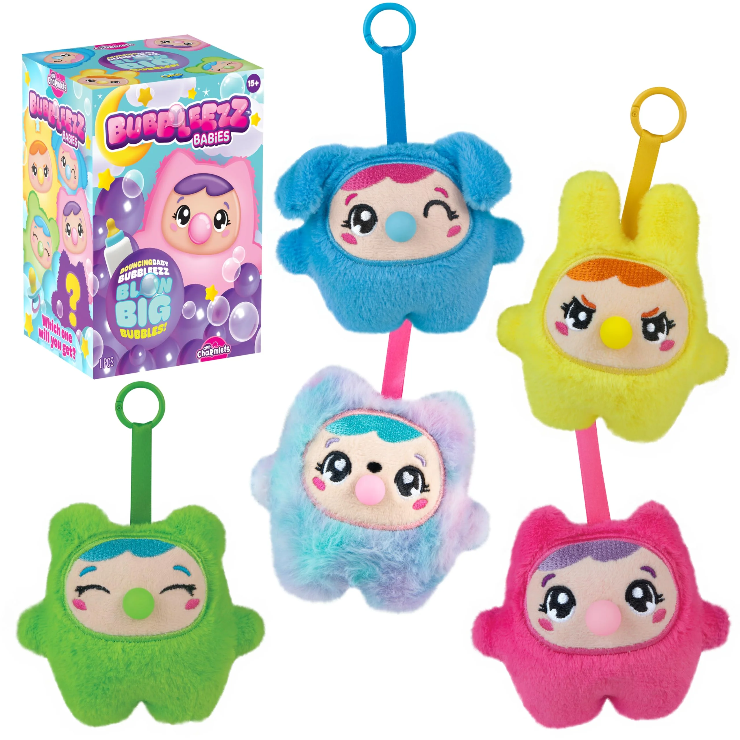 ORB Bubbleez Babies Plush Keychain Charms Assorted Blind Box - 1 Individual Bubbleez Baby Fidget Toy - Squeeze To Blow Big Bubble - Collectible Charm Squeeze Toys for Backpacks Keys Handbags More