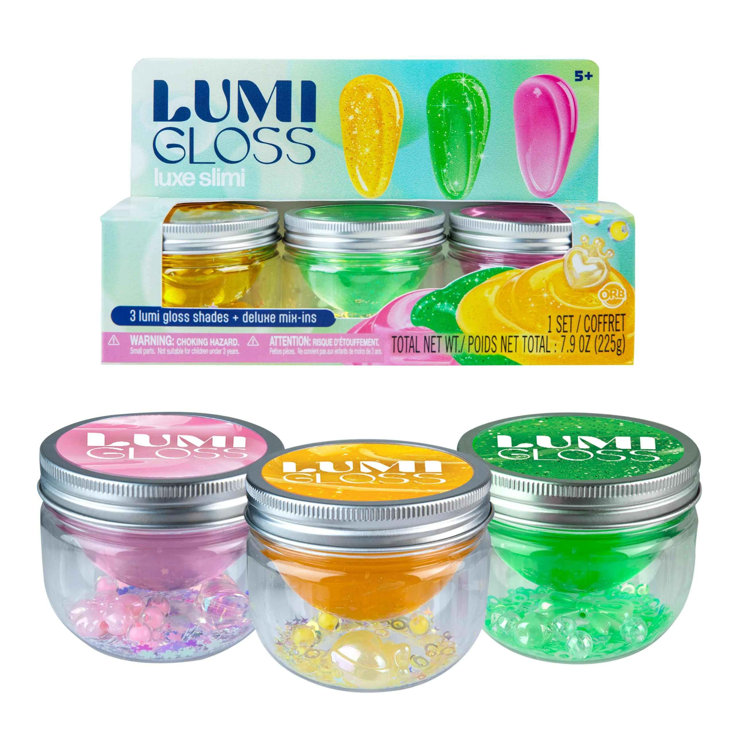 ORB Lumi Gloss Deluxe Slime Kit 3 Pack - Vibrant, Glossy and Smooth Makeup Themed Slime For Kids with Mix - Ins - Citrine Sparkle, Rose Essence, Emerald Glimmer - Fun Resealable Party Favors and Gifts