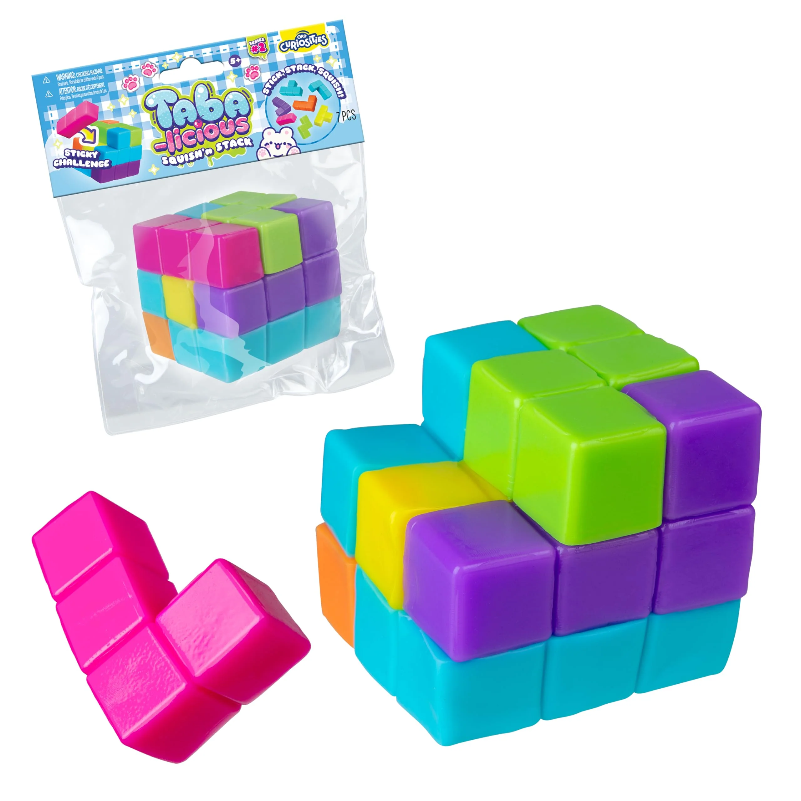 ORB Tabalicious Squish N' Stack Puzzle Cube Squishy Toy - Fun, Cute, TABA Squishies Puzzle Cube with 7 Pull Apart Shapes - Squishy Stress Ball Toys - Kawaii Sensory Fidget Toys for Kids and Adults