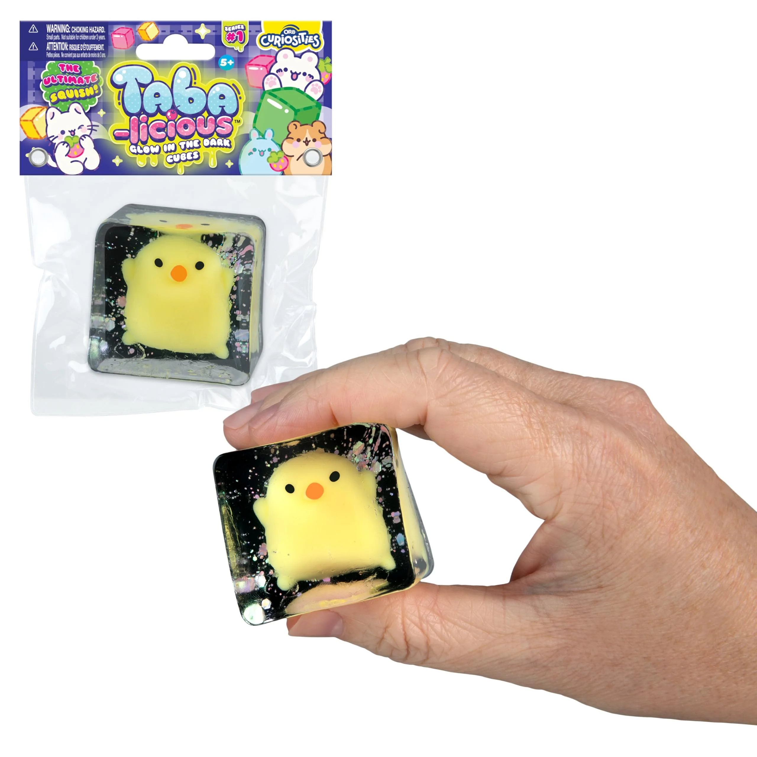 ORB Tabalicious TABA Squishy Glow in the Dark Yellow Chick Stress Cube Toy - Soft, Sticky, Glowing TABA Squishy Animal Stress Cubes - Fun Stress Ball Squishies - Kawaii Fidget Toys for Kids and Adults