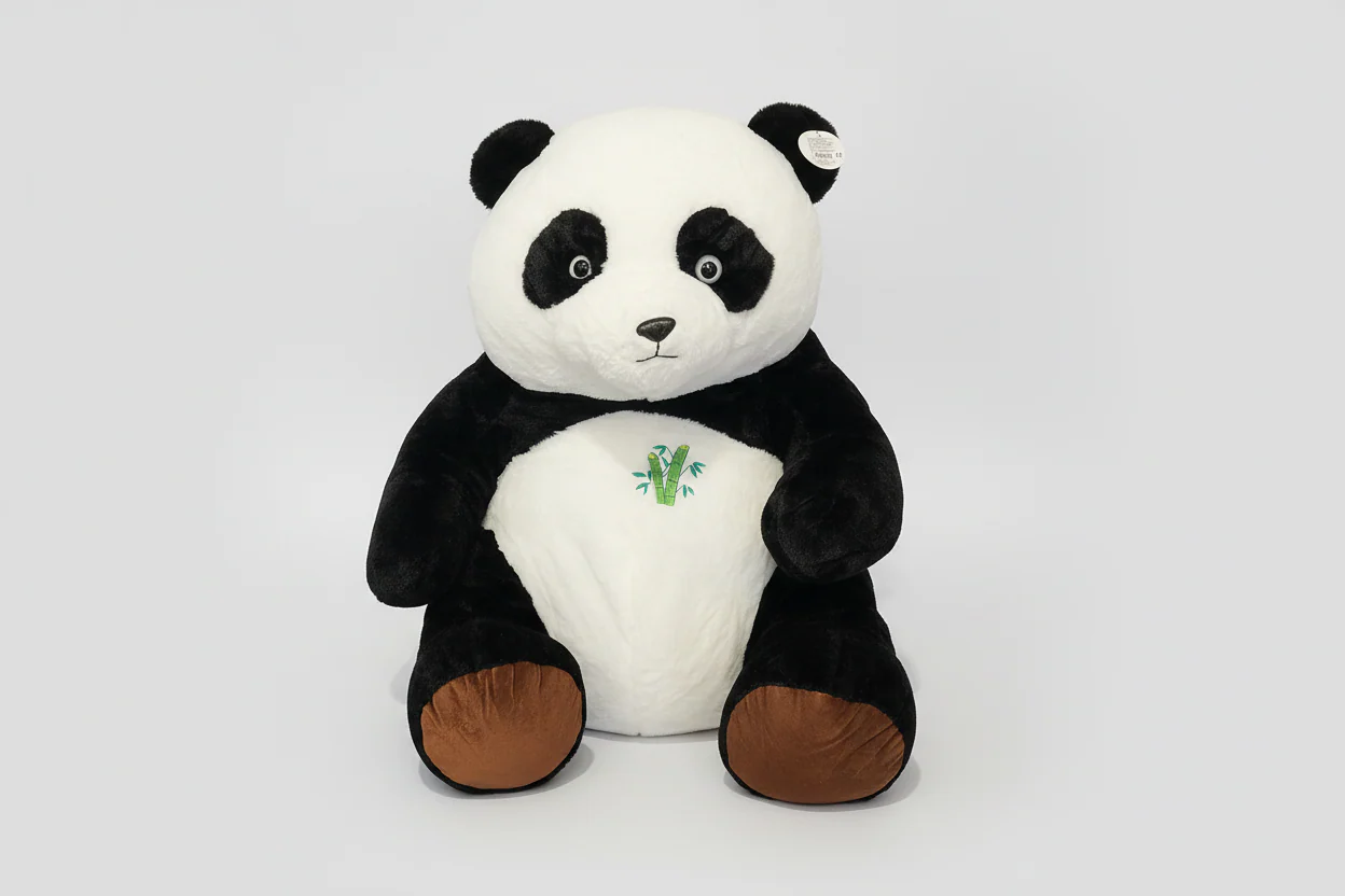 Plush panda toy with a bamboo leaf design on a white 32 in