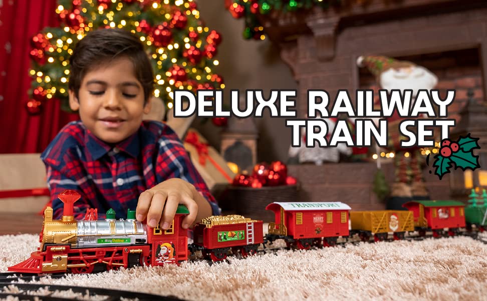 Play Moon Electric Train Set for Christmas Tree 39 PCS Deluxe Railway Train Tracks Set with Lights and Sounds for Christmas Decoration Train Car Engine and Accessories Toys for Boys and Girls - Image 3