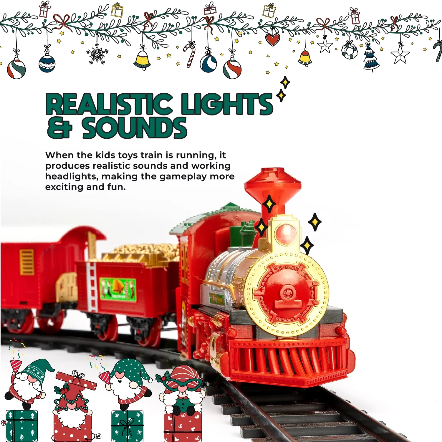Play Moon Electric Train Set for Christmas Tree 39 PCS Deluxe Railway Train Tracks Set with Lights and Sounds for Christmas Decoration Train Car Engine and Accessories Toys for Boys and Girls - Image 4