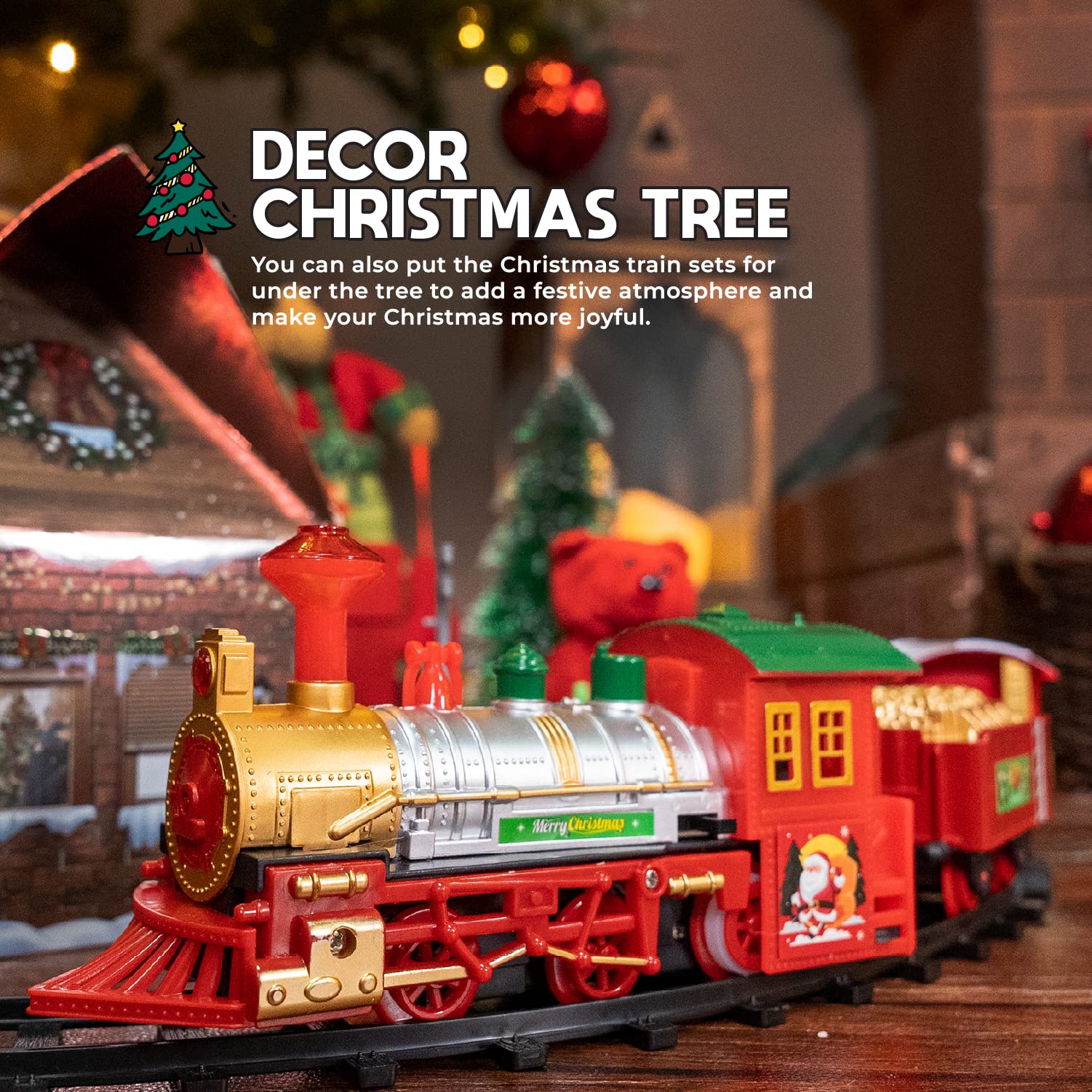 Play Moon Electric Train Set for Christmas Tree 39 PCS Deluxe Railway Train Tracks Set with Lights and Sounds for Christmas Decoration Train Car Engine and Accessories Toys for Boys and Girls - Image 5