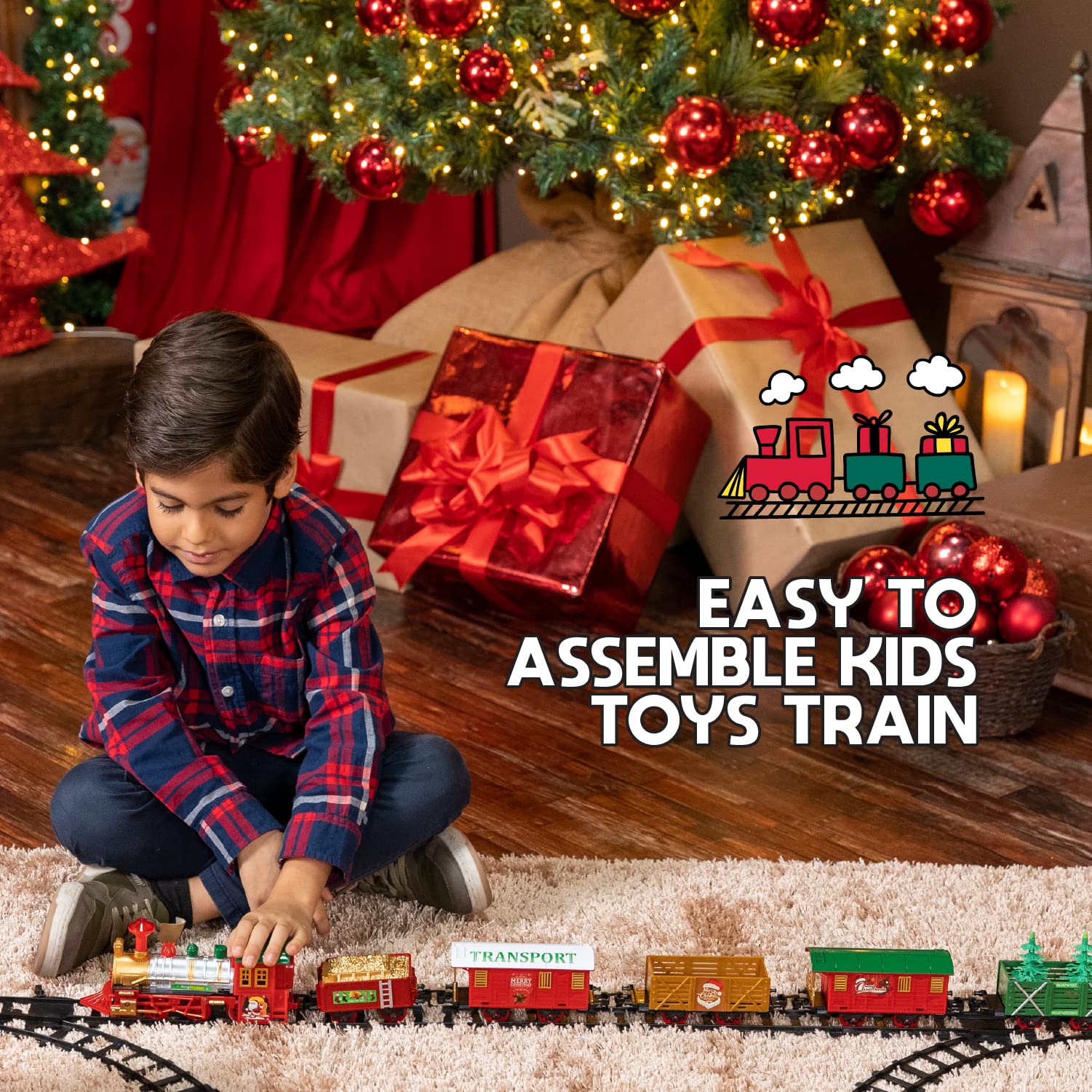 Play Moon Electric Train Set for Christmas Tree 39 PCS Deluxe Railway Train Tracks Set with Lights and Sounds for Christmas Decoration Train Car Engine and Accessories Toys for Boys and Girls - Image 6