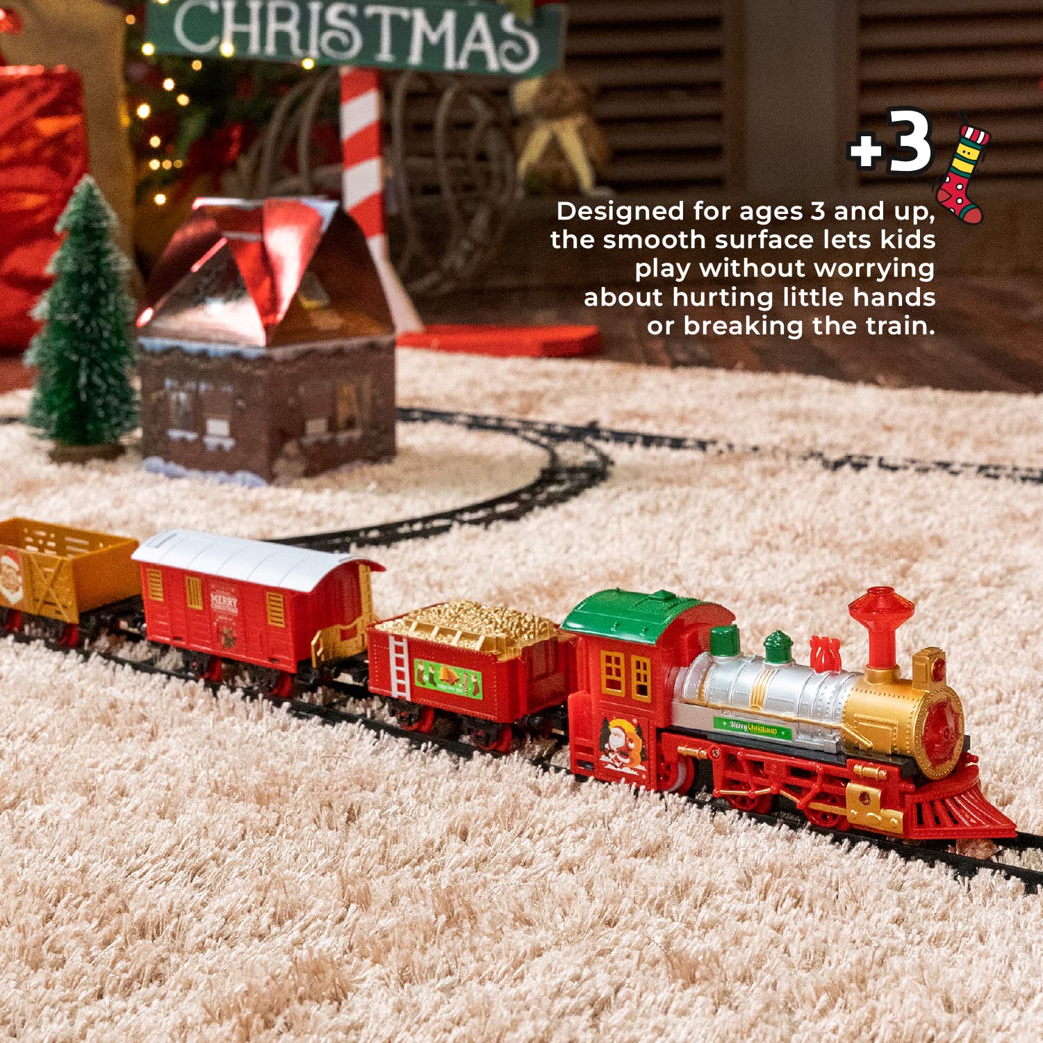 Play Moon Electric Train Set for Christmas Tree 39 PCS Deluxe Railway Train Tracks Set with Lights and Sounds for Christmas Decoration Train Car Engine and Accessories Toys for Boys and Girls - Image 7