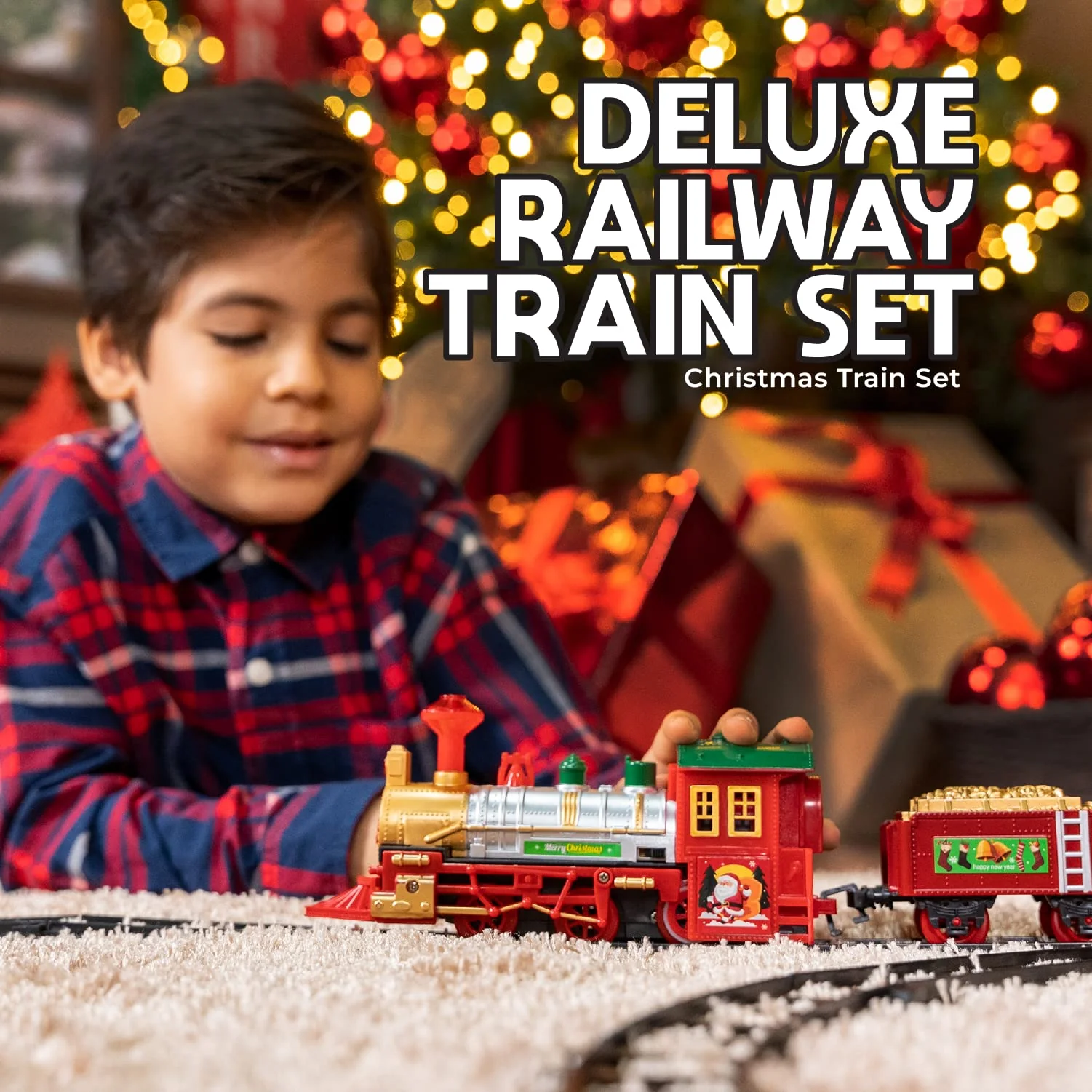 Play Moon Electric Train Set for Christmas Tree 39 PCS Deluxe Railway Train Tracks Set with Lights and Sounds for Christmas Decoration Train Car Engine and Accessories Toys for Boys and Girls - Image 9