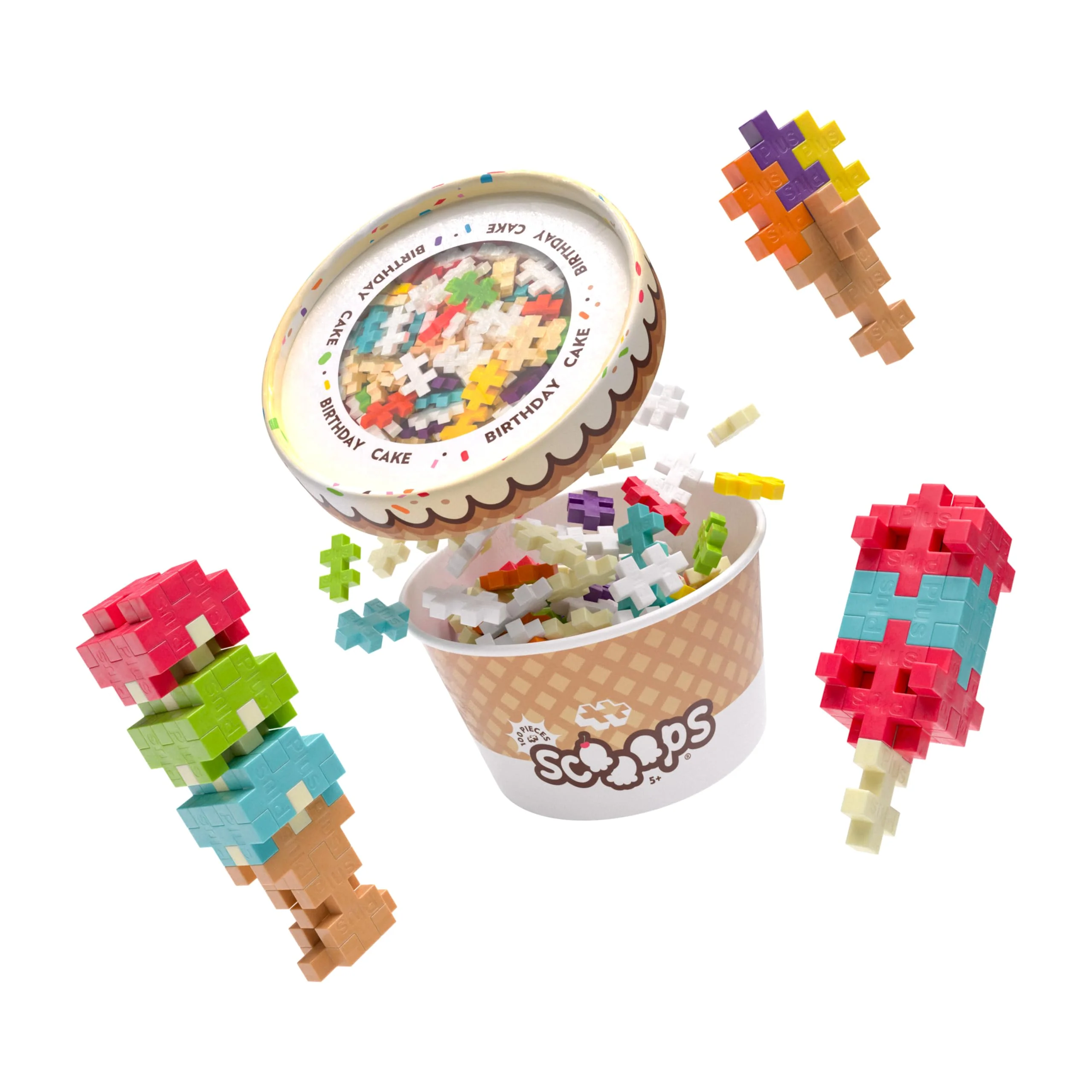 PLUS PLUS Scooops, Birthday Cake - Ice Cream 3D Puzzle Building Block Set, 100 Mini Interlocking Pieces, Fun Stem Toy for Kids
