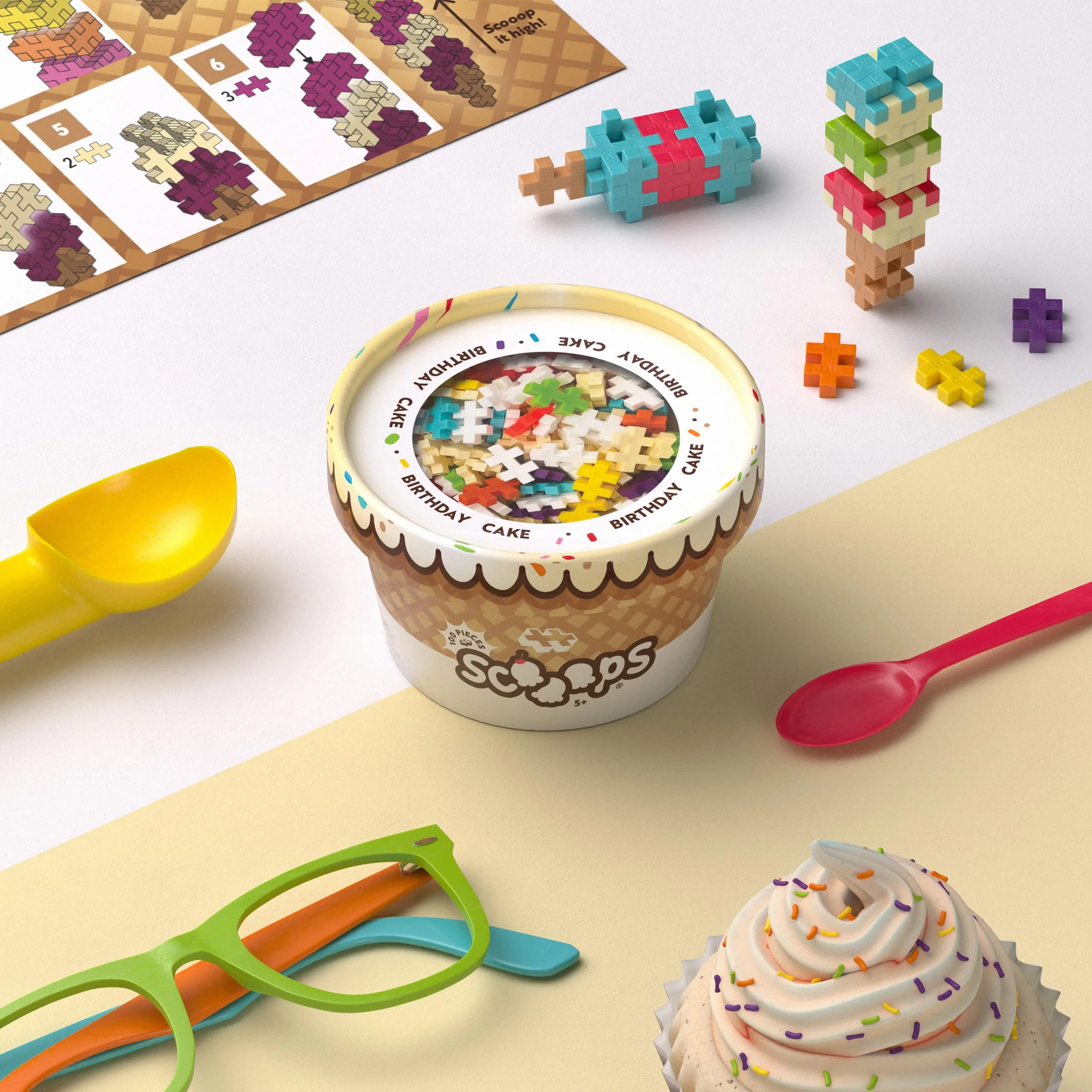 PLUS PLUS Scooops, Birthday Cake - Ice Cream 3D Puzzle Building Block Set, 100 Mini Interlocking Pieces, Fun Stem Toy for Kids - Image 2
