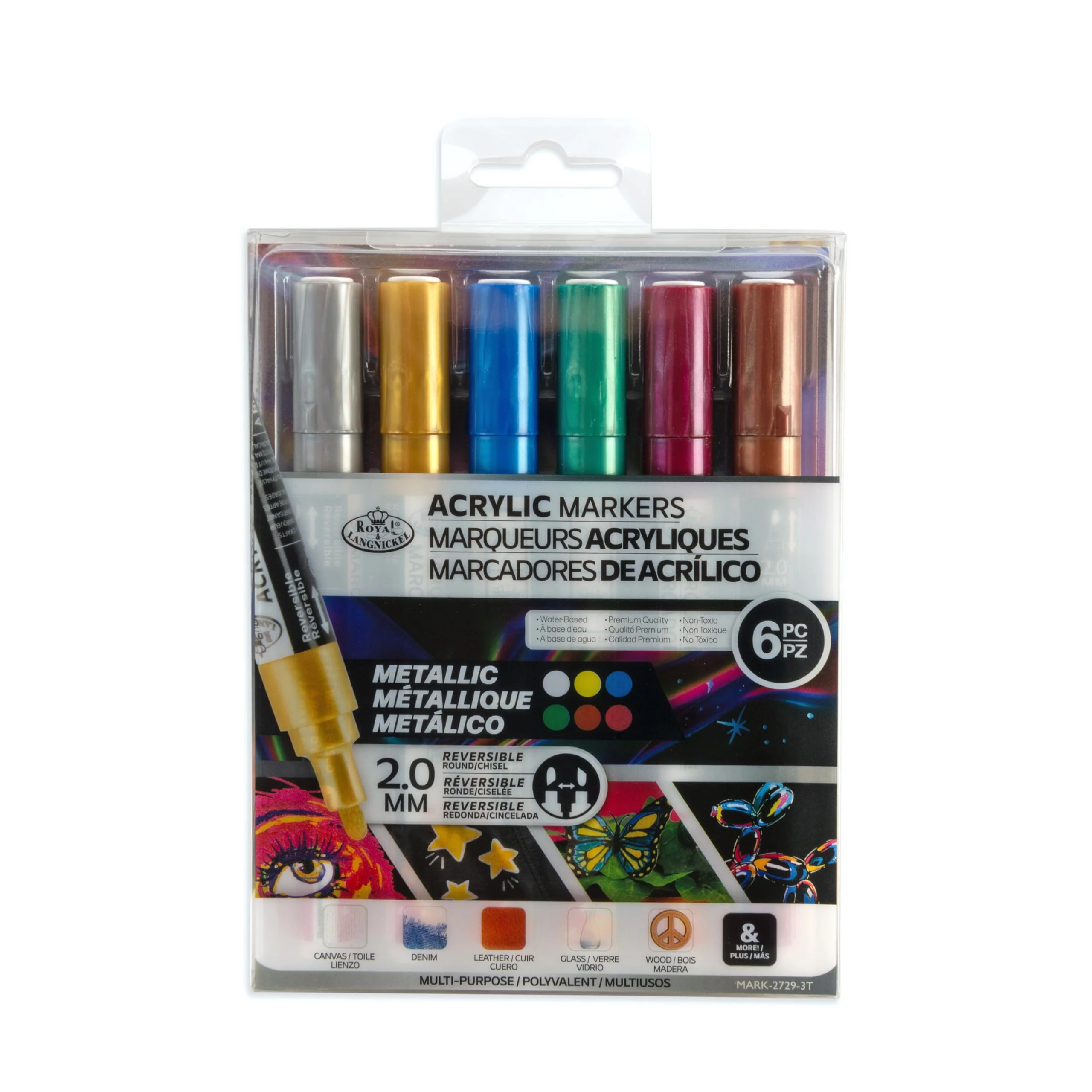 Royal & Langnickel 6 Piece Acrylic Reversible Tip Metallic Markers, 2mm